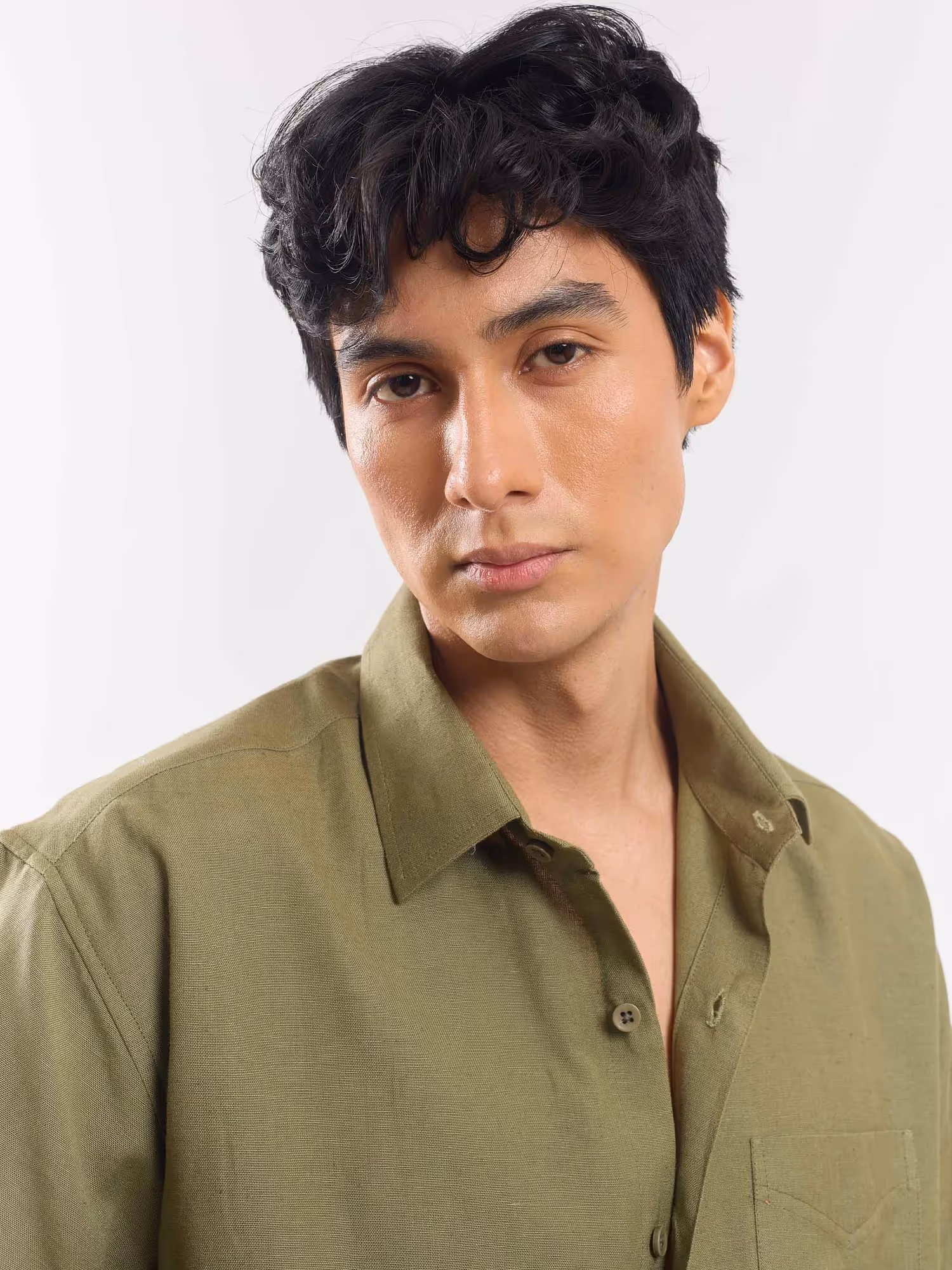 Olive Green Half Sleeve Linen Shirt image 4
