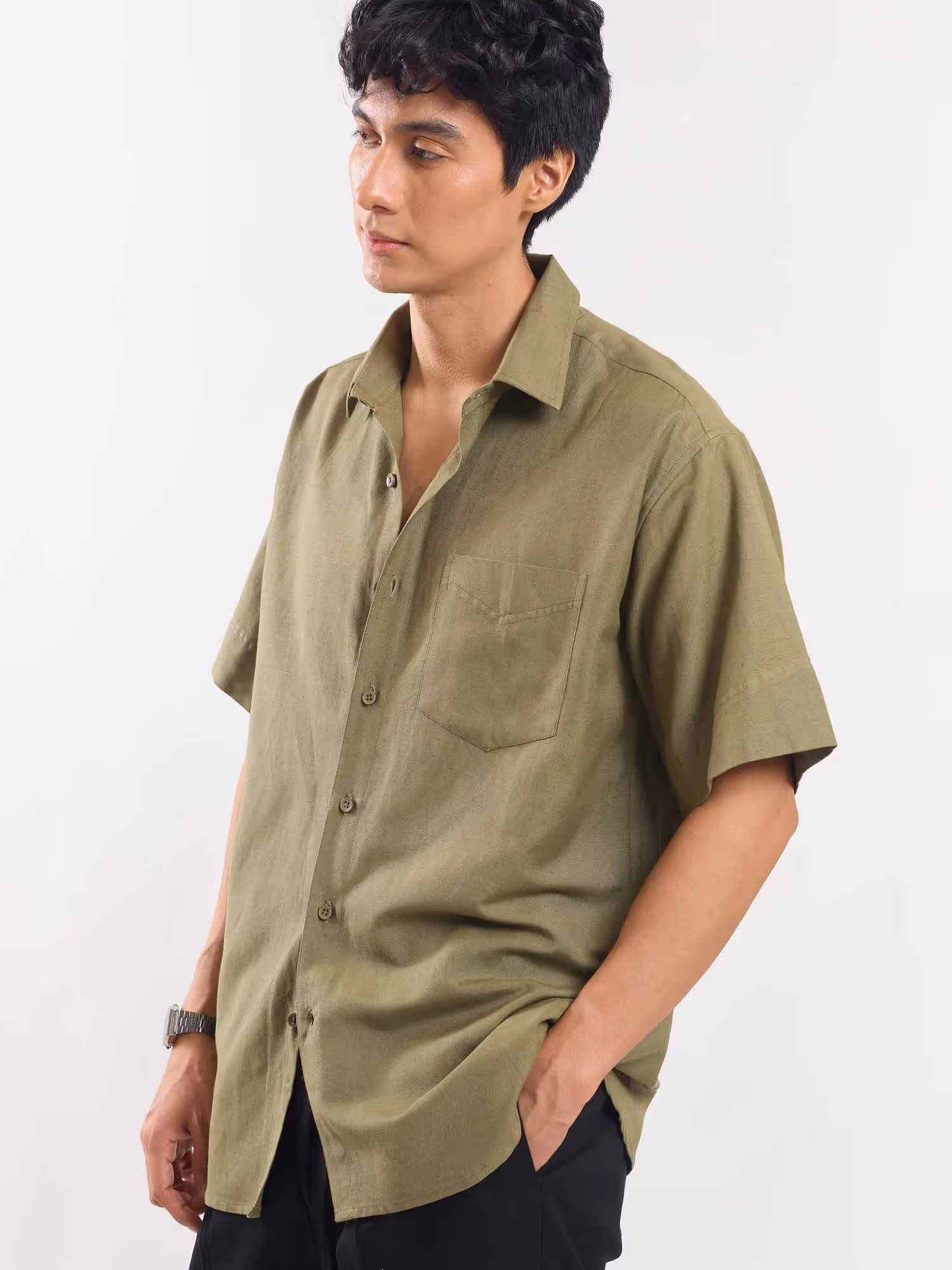 Olive Green Half Sleeve Linen Shirt image 5
