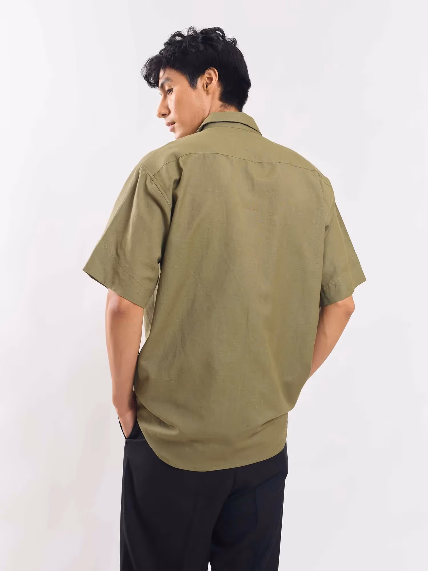 Olive Green Half Sleeve Linen Shirt image 6