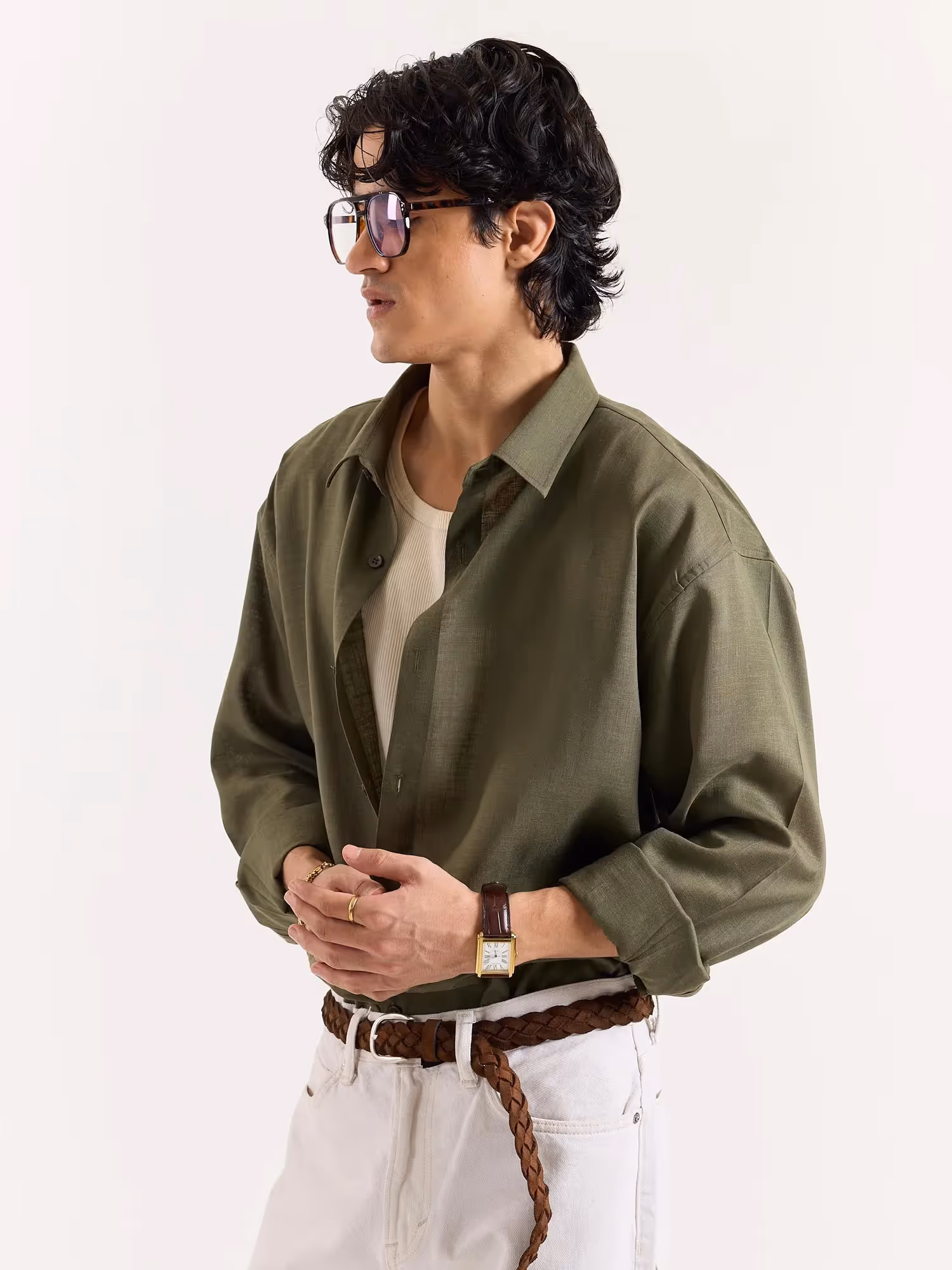 Olive Green Linen Cropped Shirt image 3