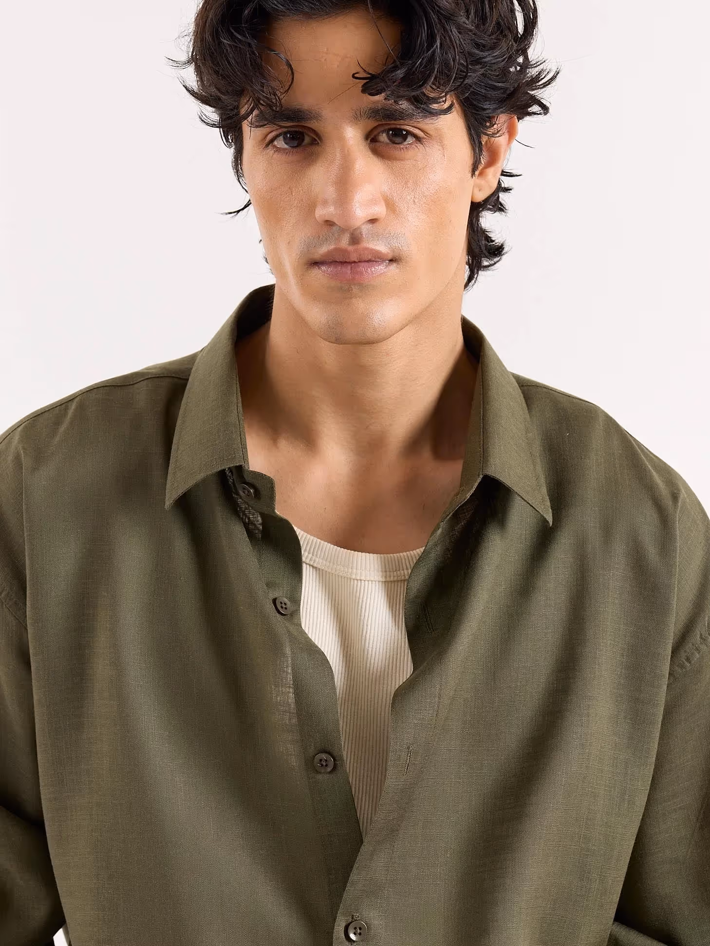 Olive Green Linen Cropped Shirt image 6