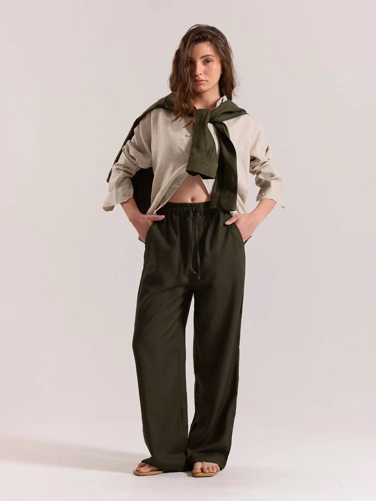 Olive Green Linen Pull-on Pants image 2