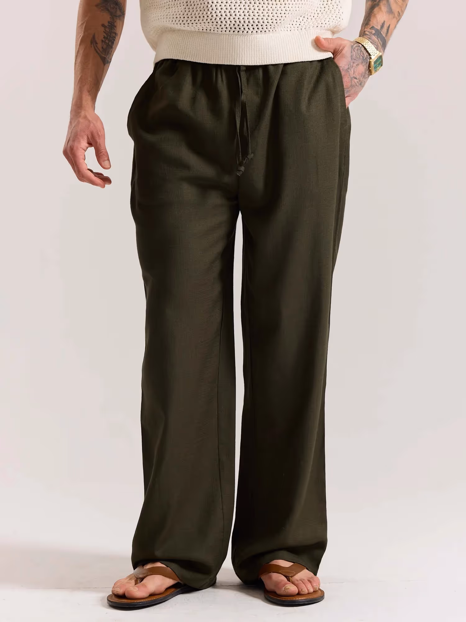 Olive Green Linen Pull-on Pants image 3
