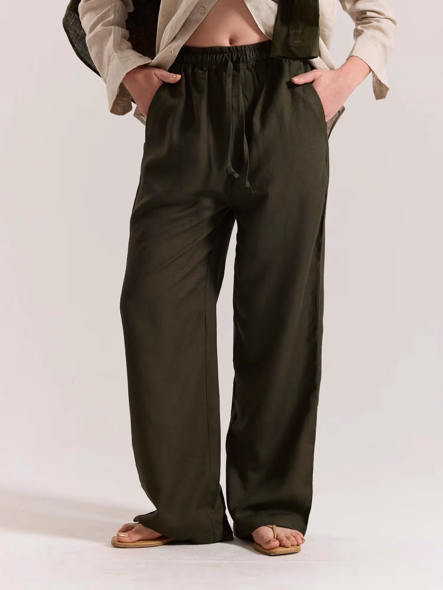 Olive Green Linen Pull-on Pants image 4