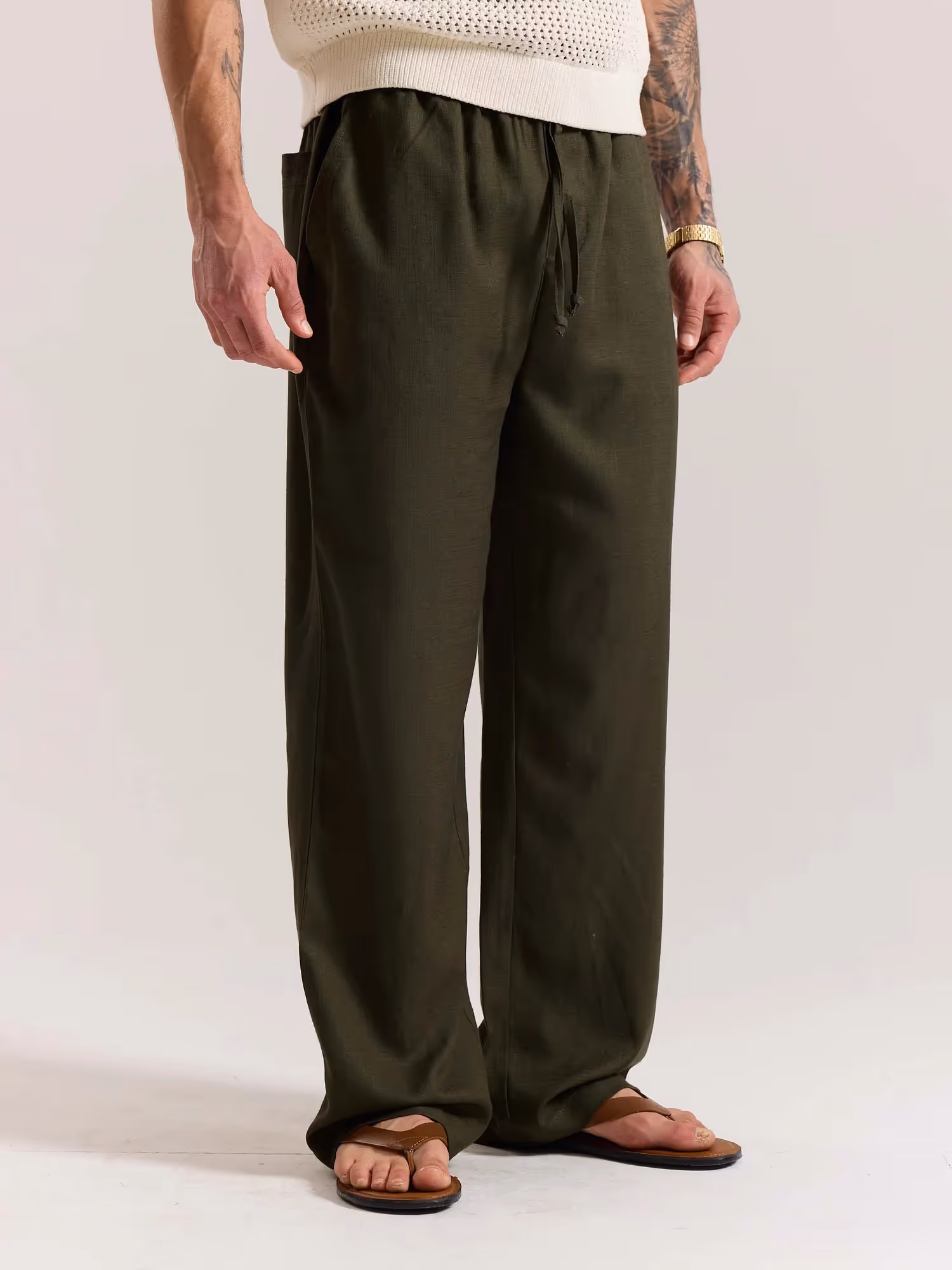 Olive Green Linen Pull-on Pants image 5
