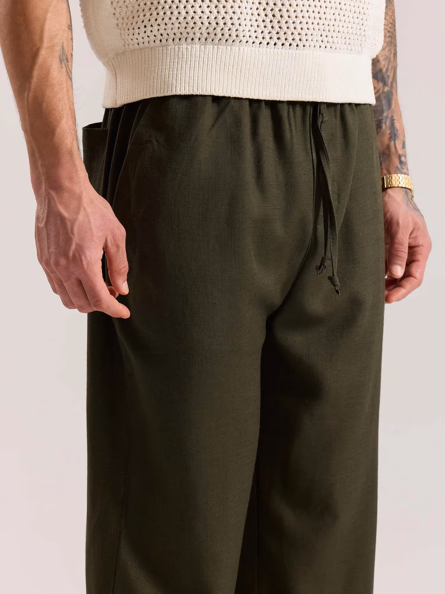 Olive Green Linen Pull-on Pants image 6