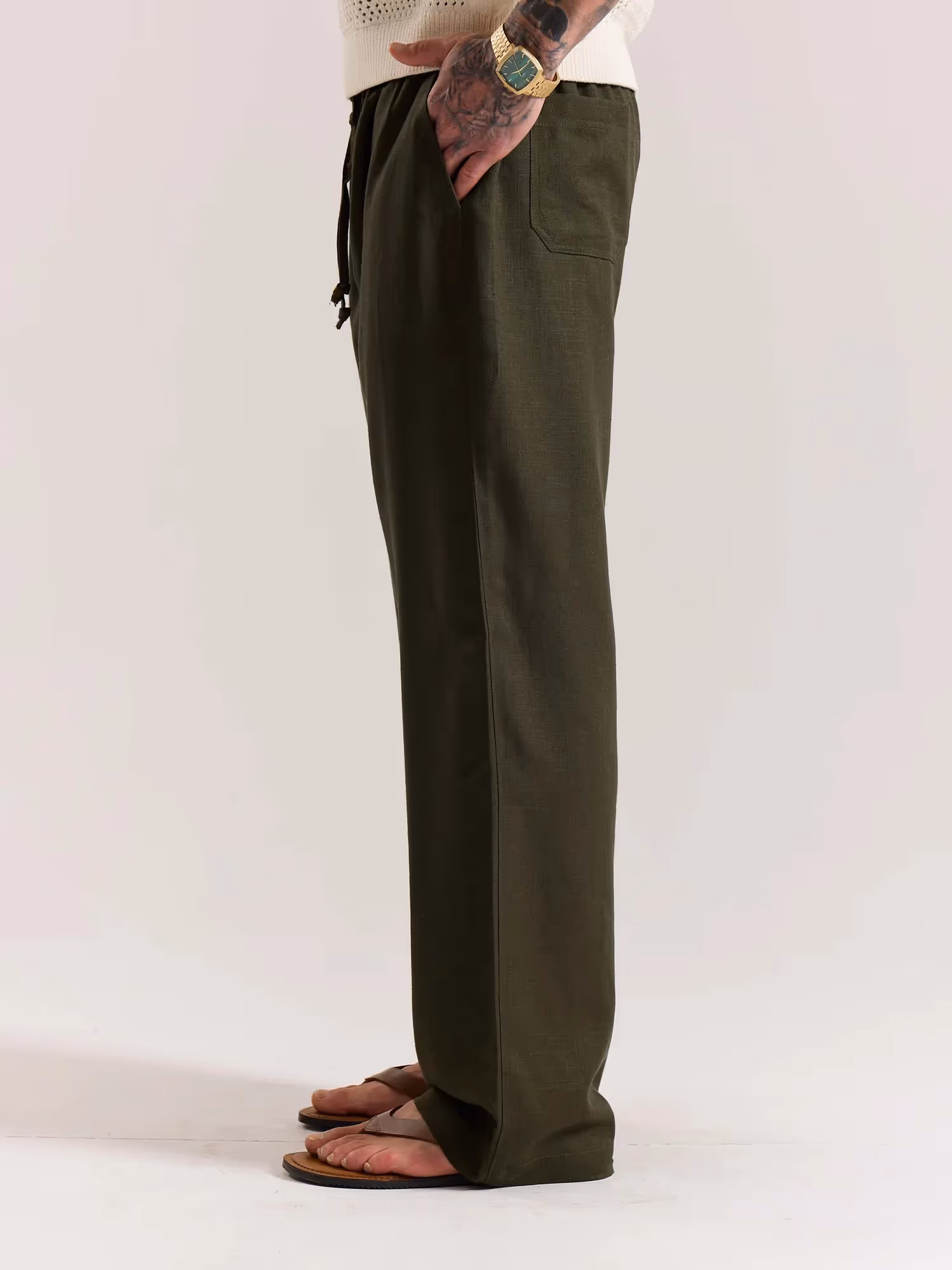 Olive Green Linen Pull-on Pants image 7