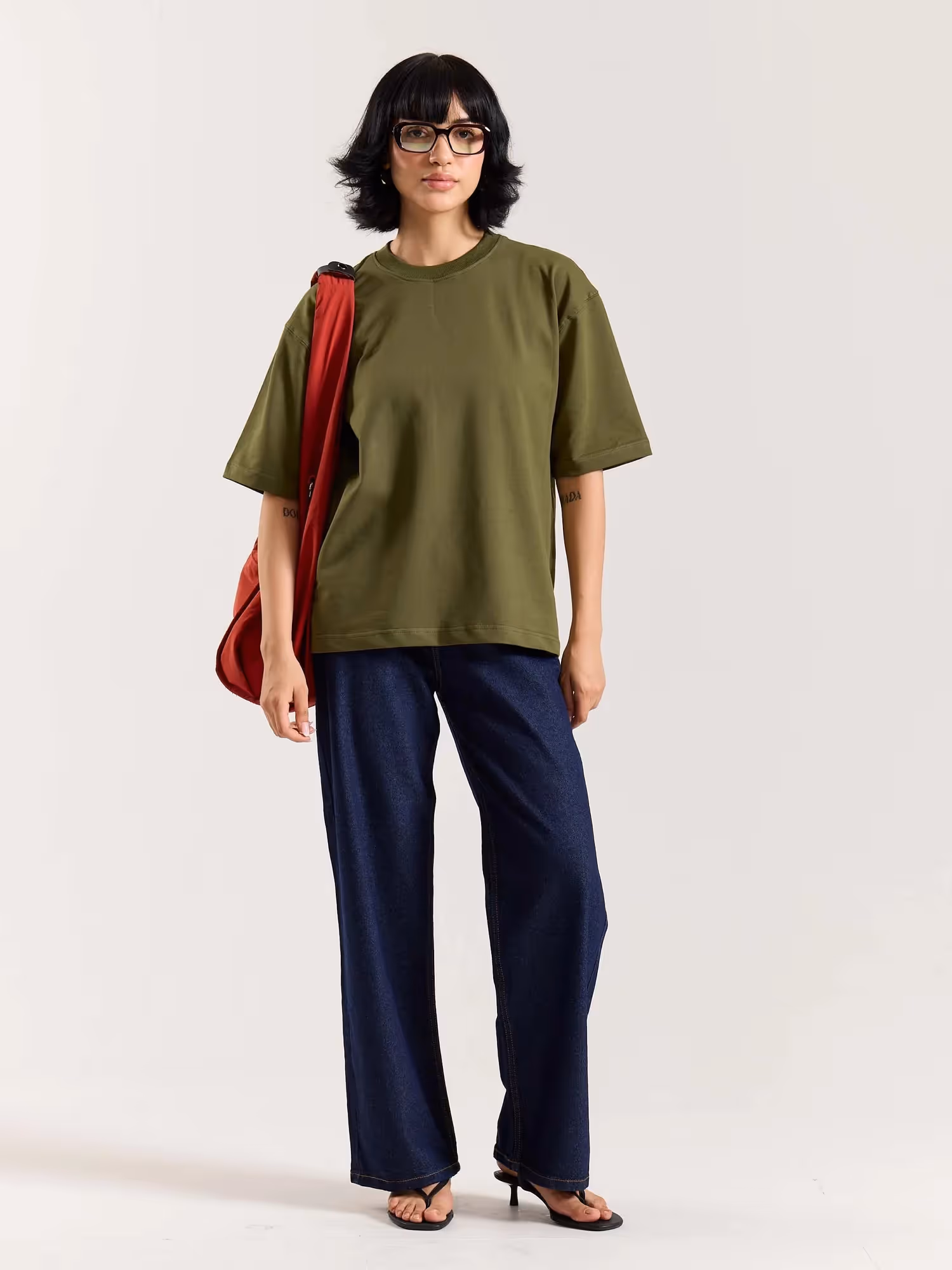 Olive Green Loose Fit Cropped T-Shirt image 2