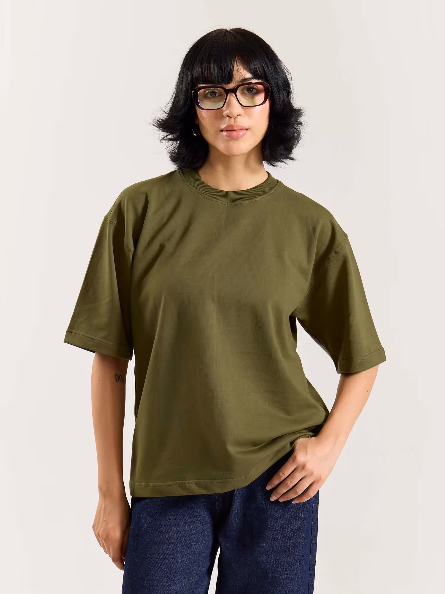 Olive Green Loose Fit Cropped T-Shirt image 4