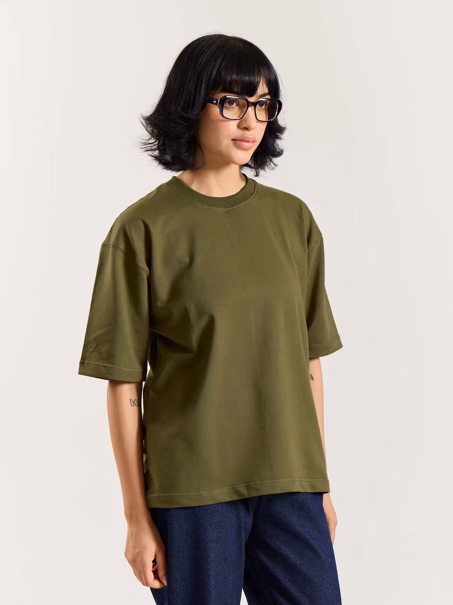 Olive Green Loose Fit Cropped T-Shirt image 6