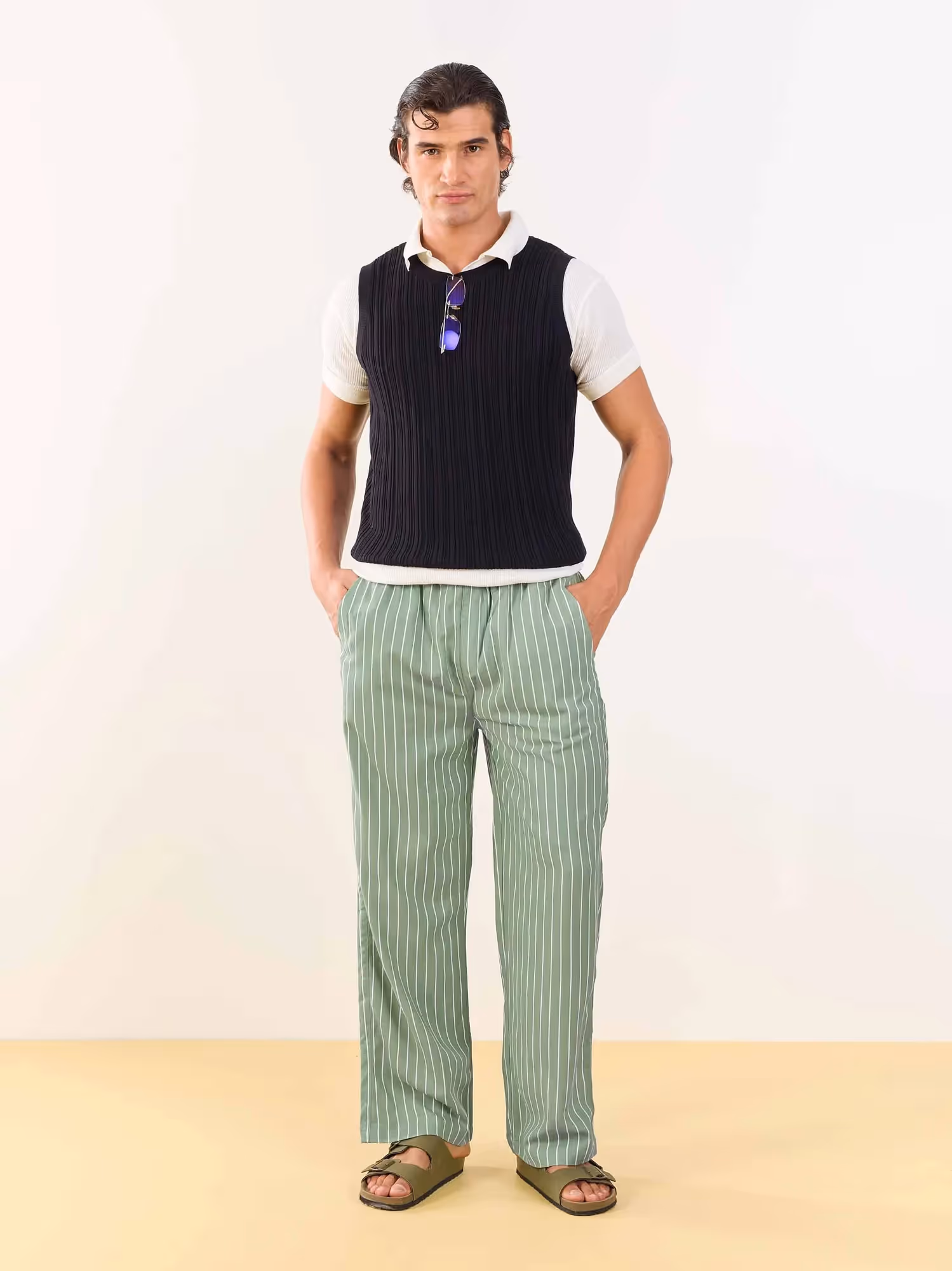 Olive Striped Linen Pull-on Pants image 1