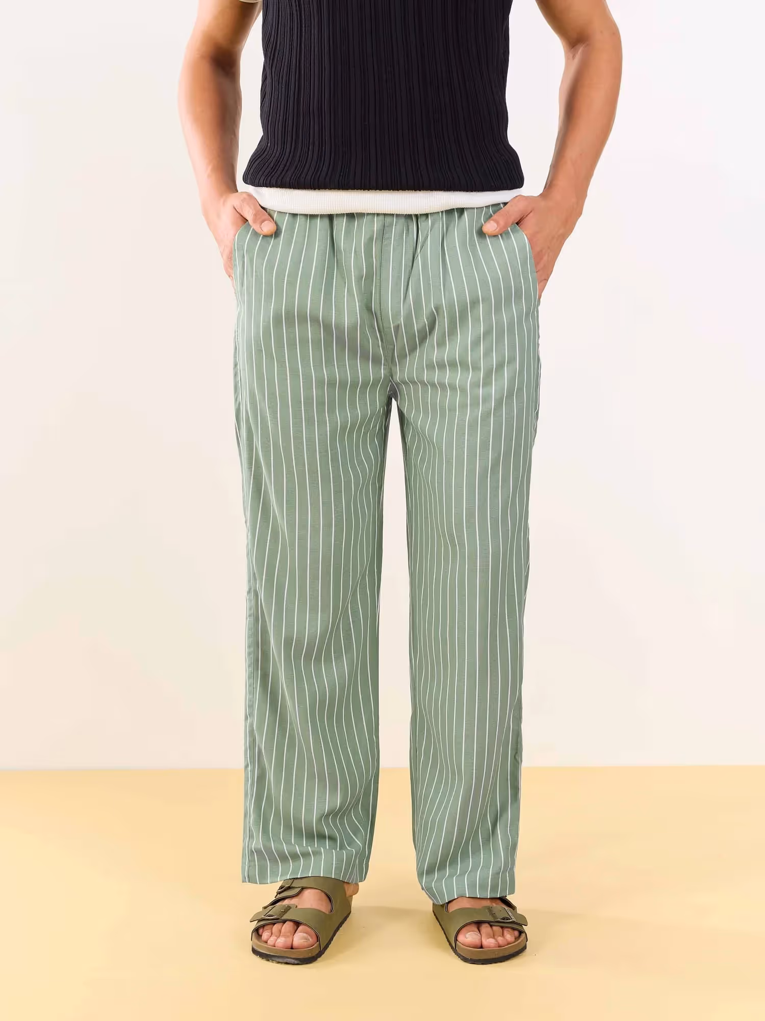 Olive Striped Linen Pull-on Pants  image 2