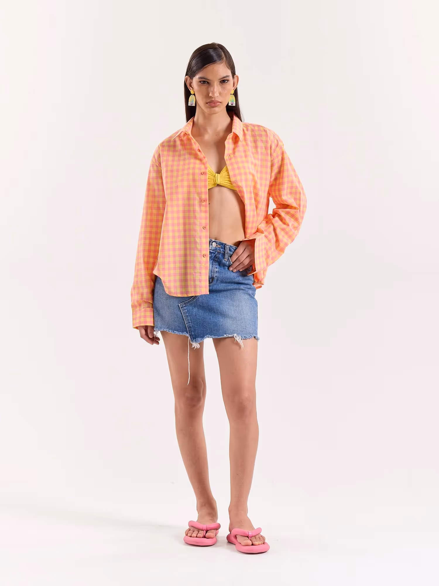 Orange & Pink Gingham Cropped Shirt image 2