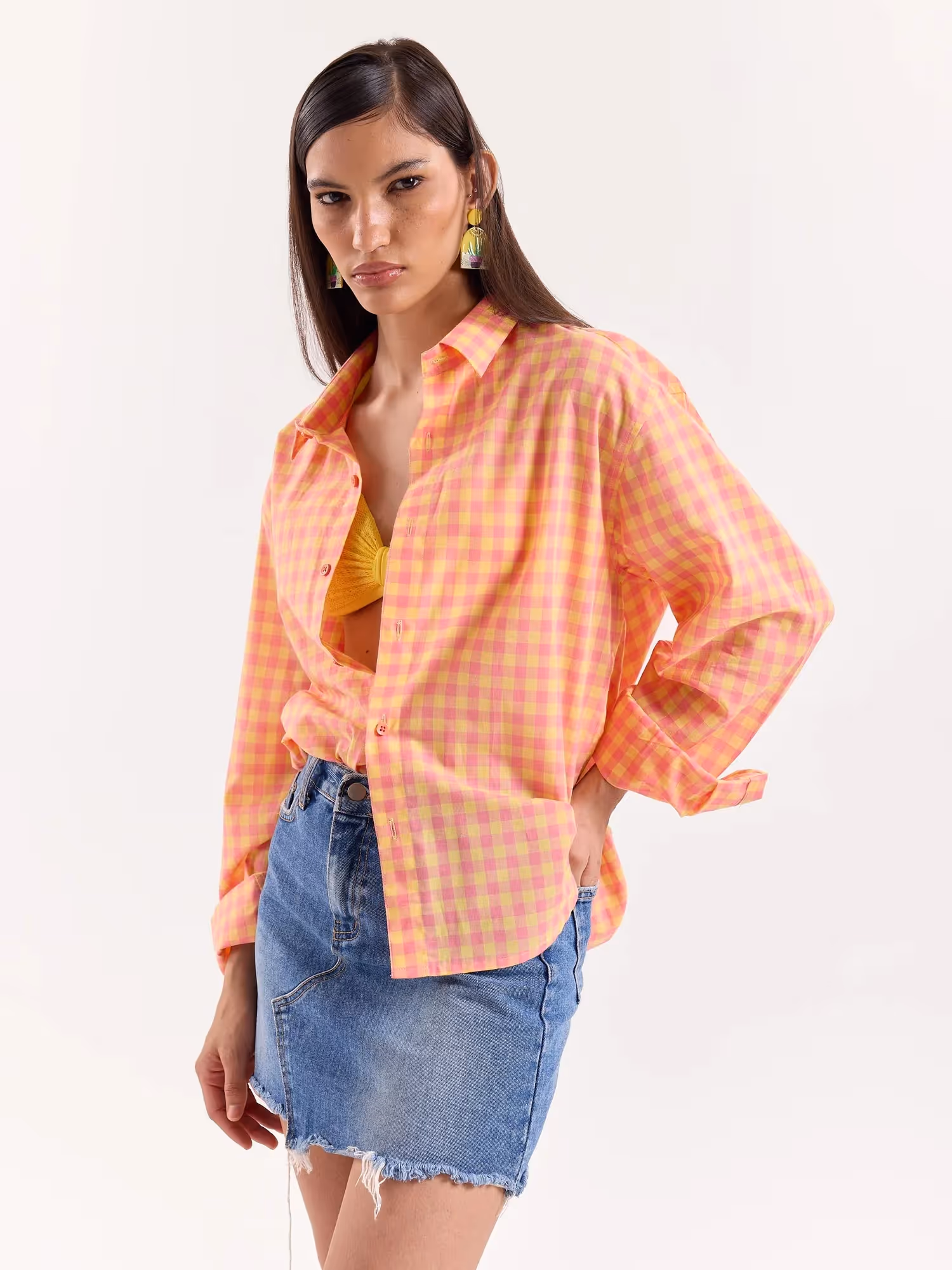 Orange & Pink Gingham Cropped Shirt image 6