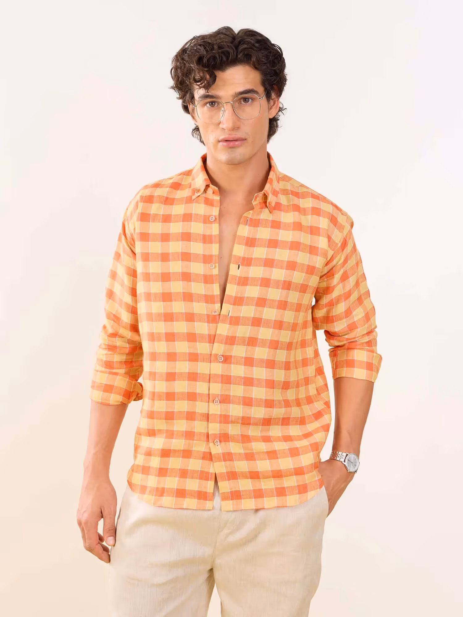 Orange & Yellow Checked Irish Linen Shirt image 1