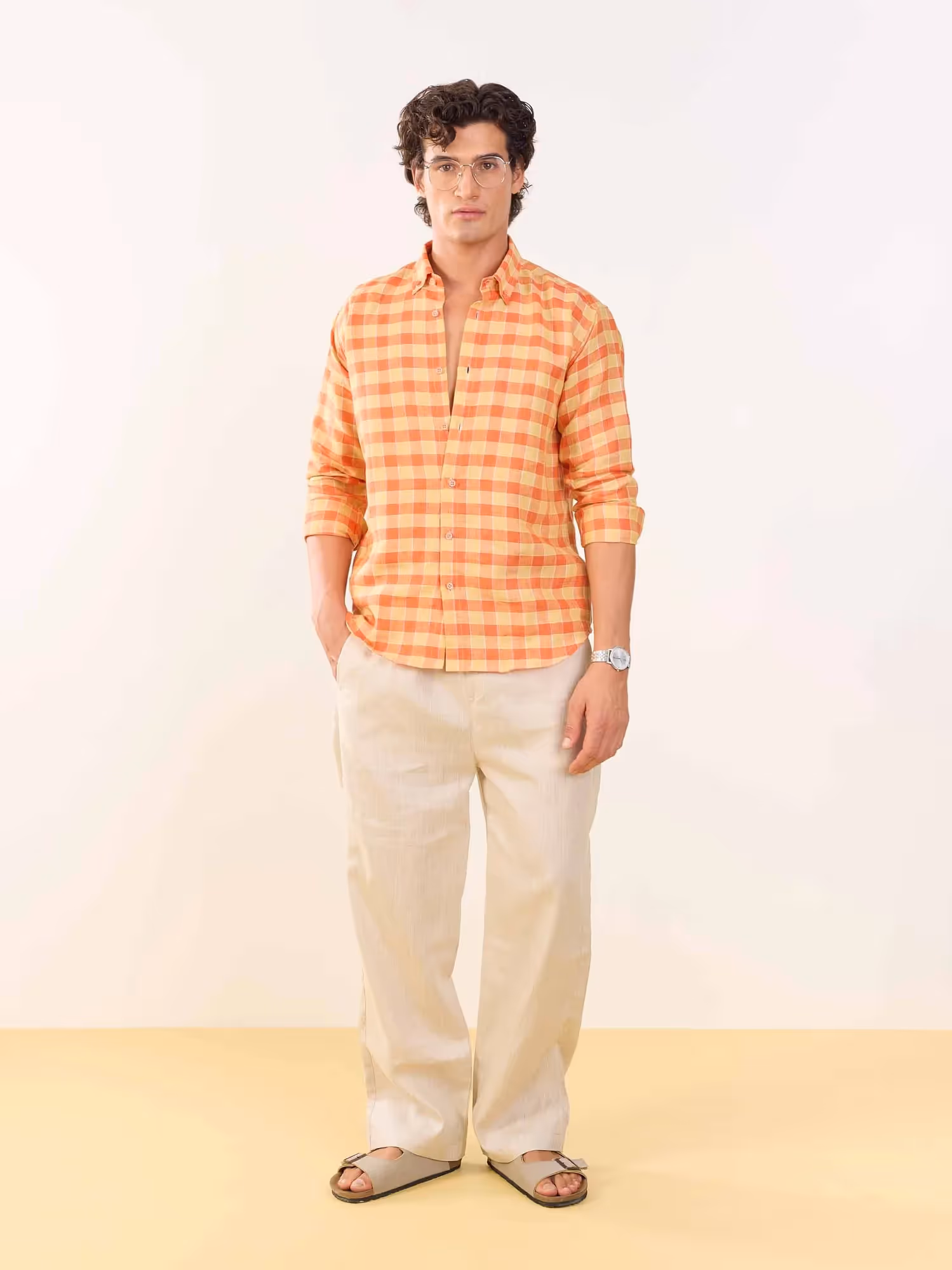 Orange & Yellow Checked Irish Linen Shirt image 2