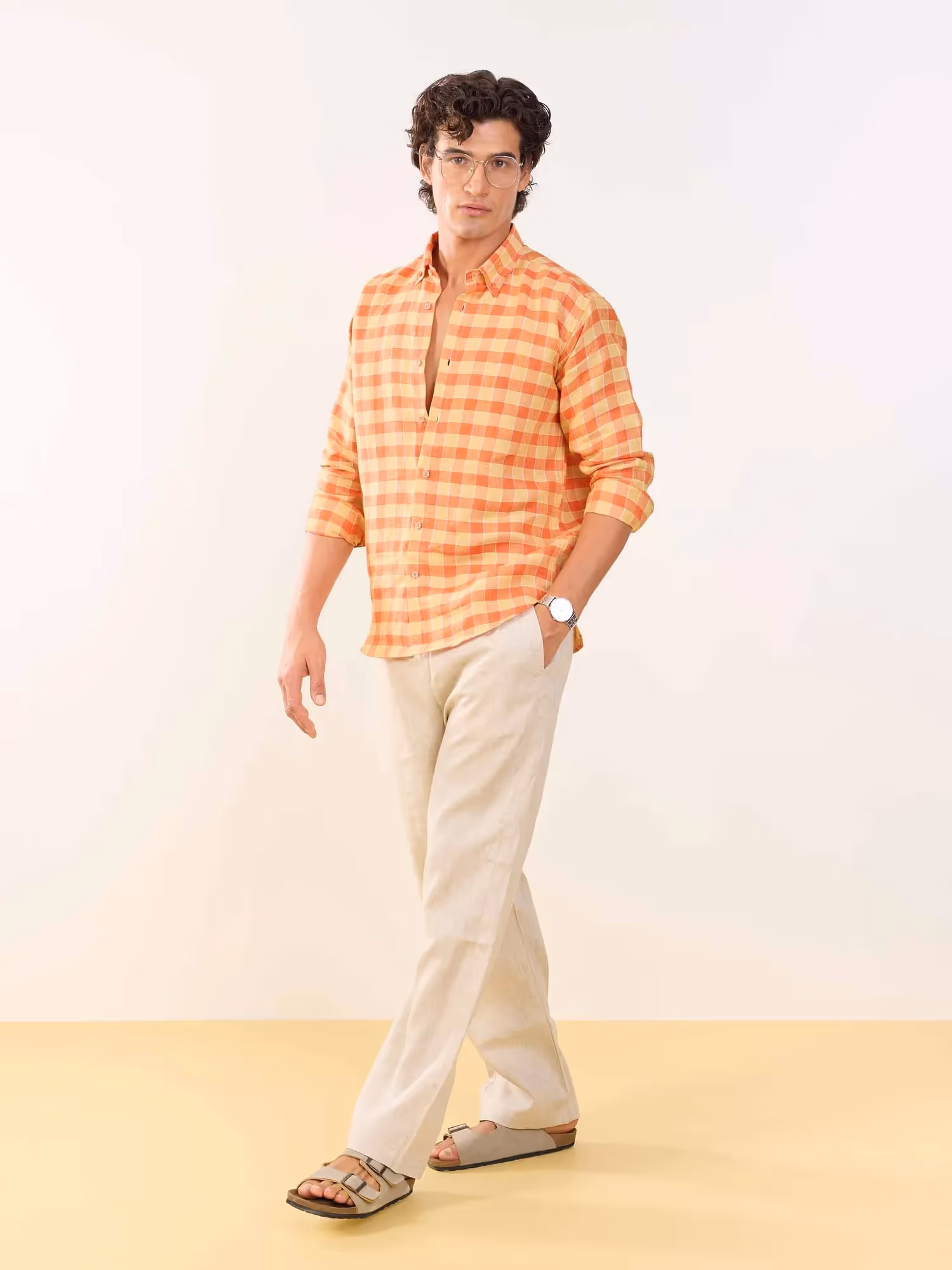 Orange & Yellow Checked Irish Linen Shirt image 3