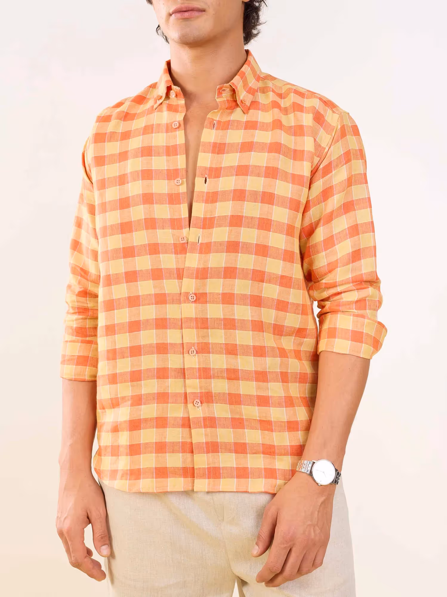 Orange & Yellow Checked Irish Linen Shirt image 6