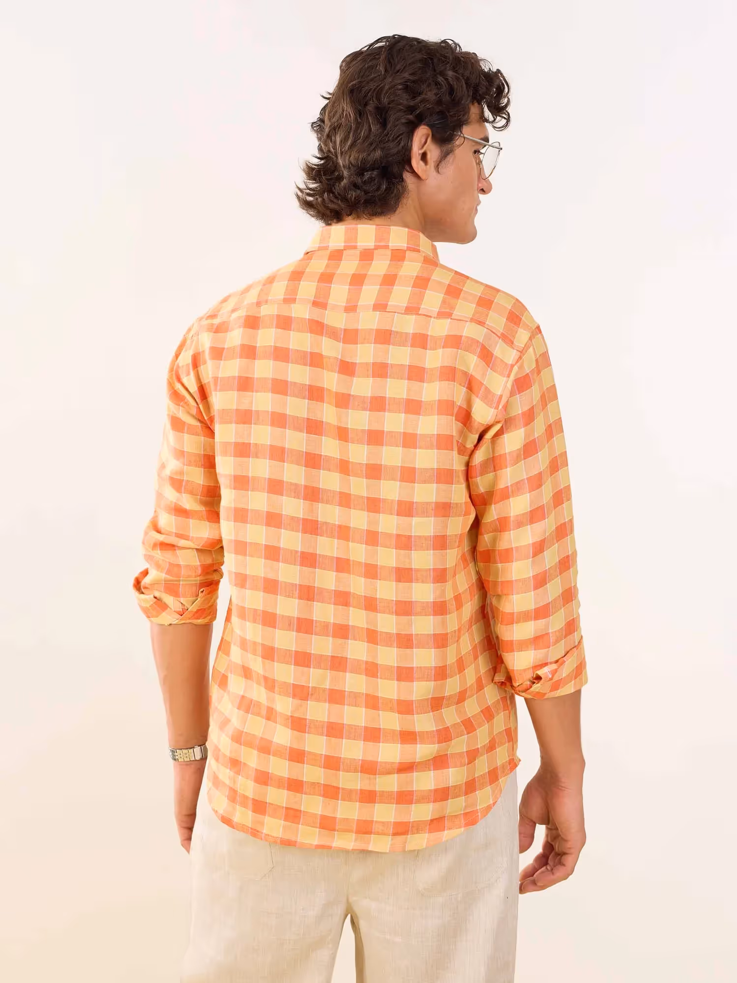 Orange & Yellow Checked Irish Linen Shirt image 7