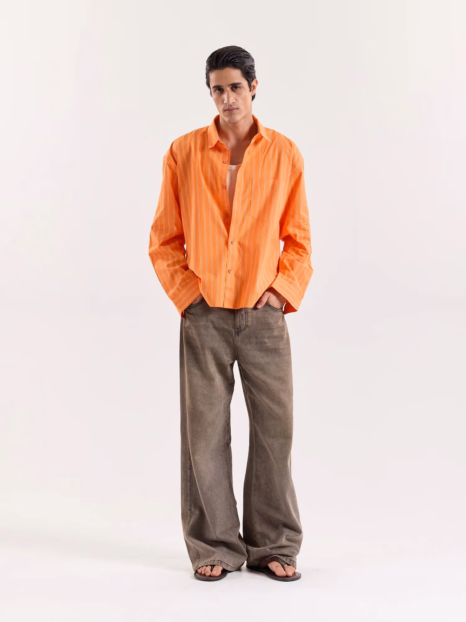 Orange Striped Poplin Cropped Shirt image 1