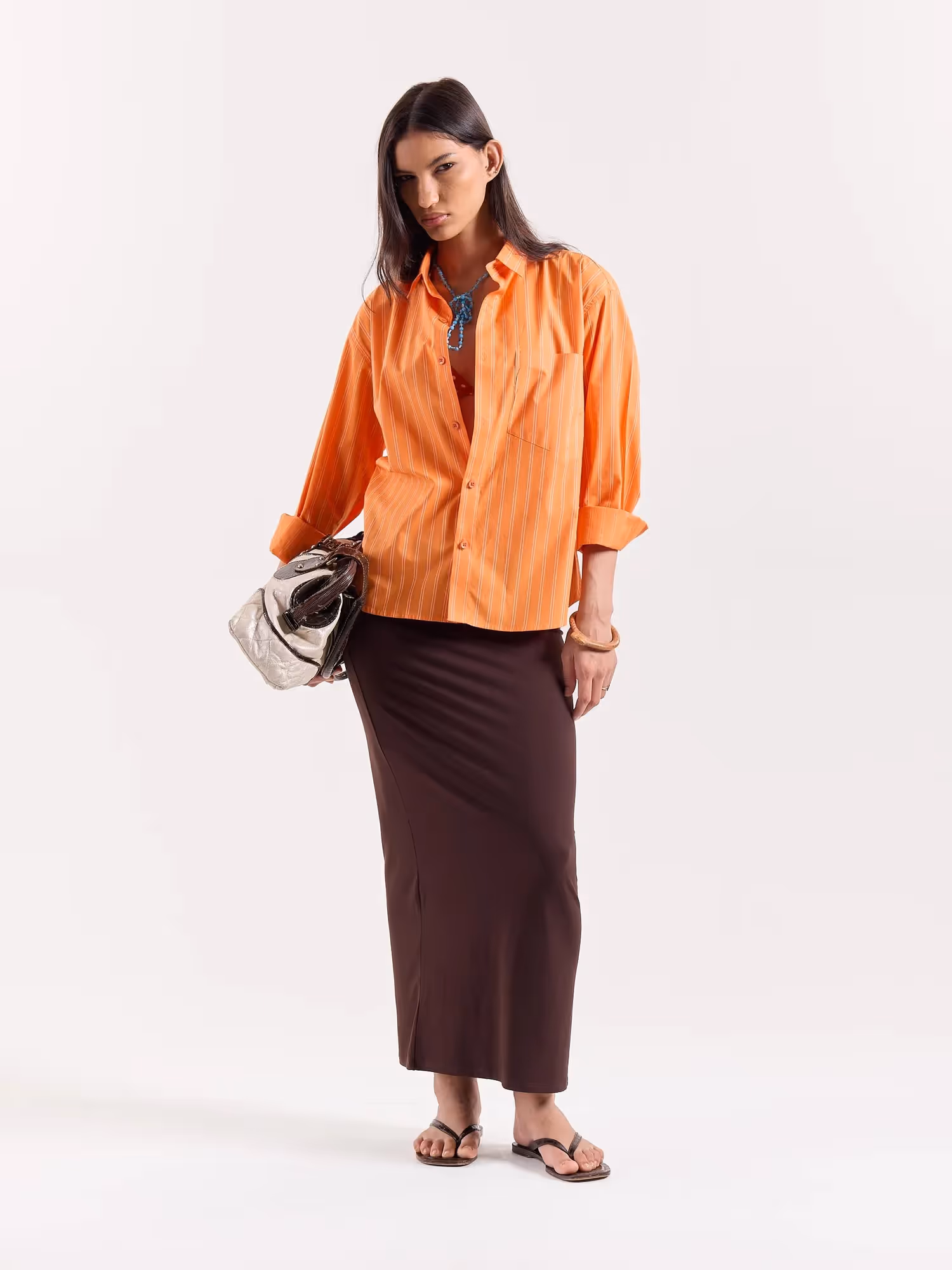 Orange Striped Poplin Cropped Shirt image 2