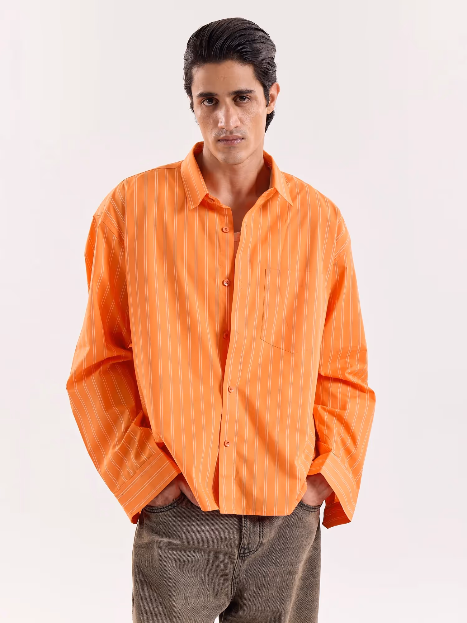 Orange Striped Poplin Cropped Shirt image 3