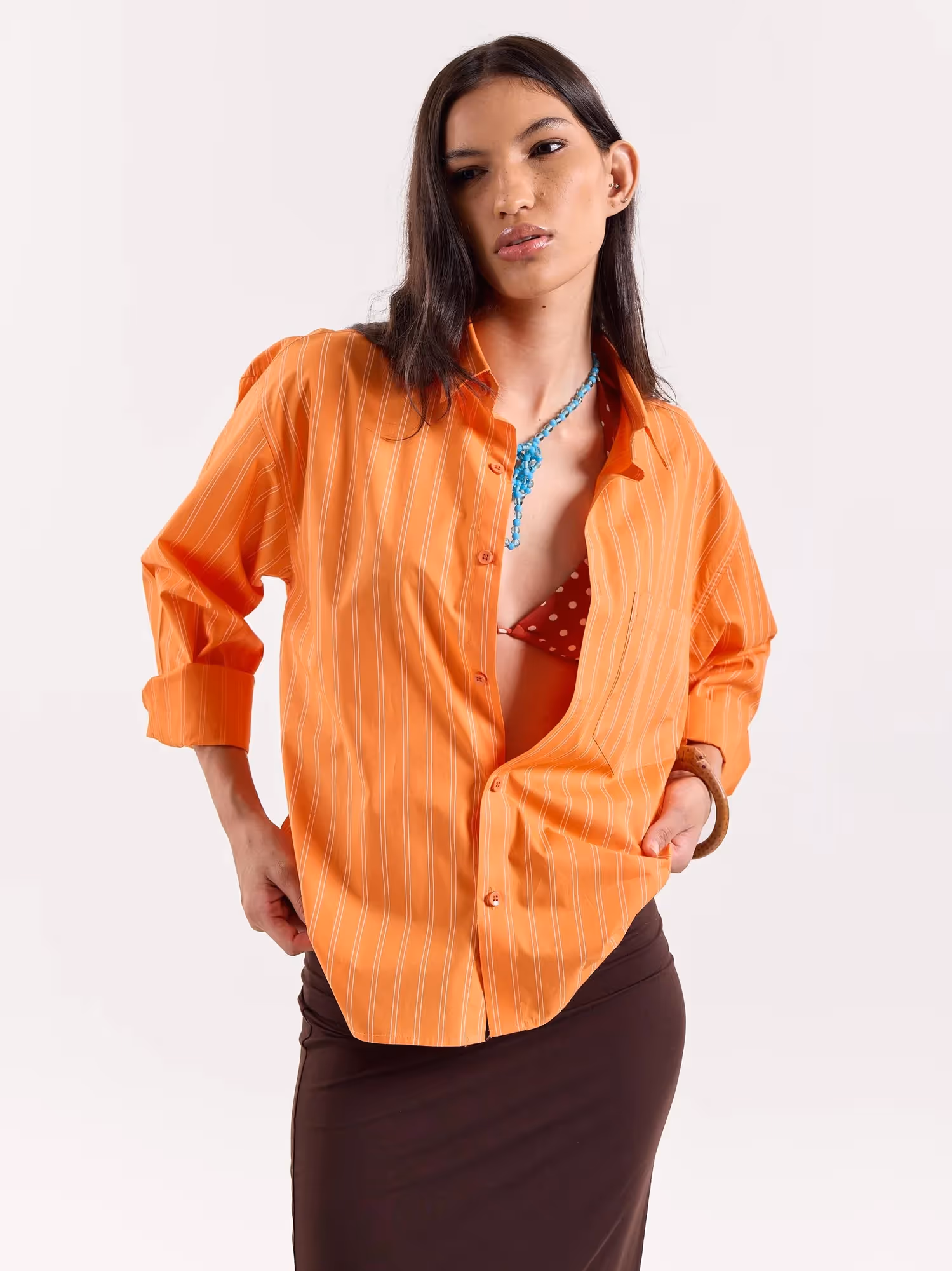 Orange Striped Poplin Cropped Shirt image 4