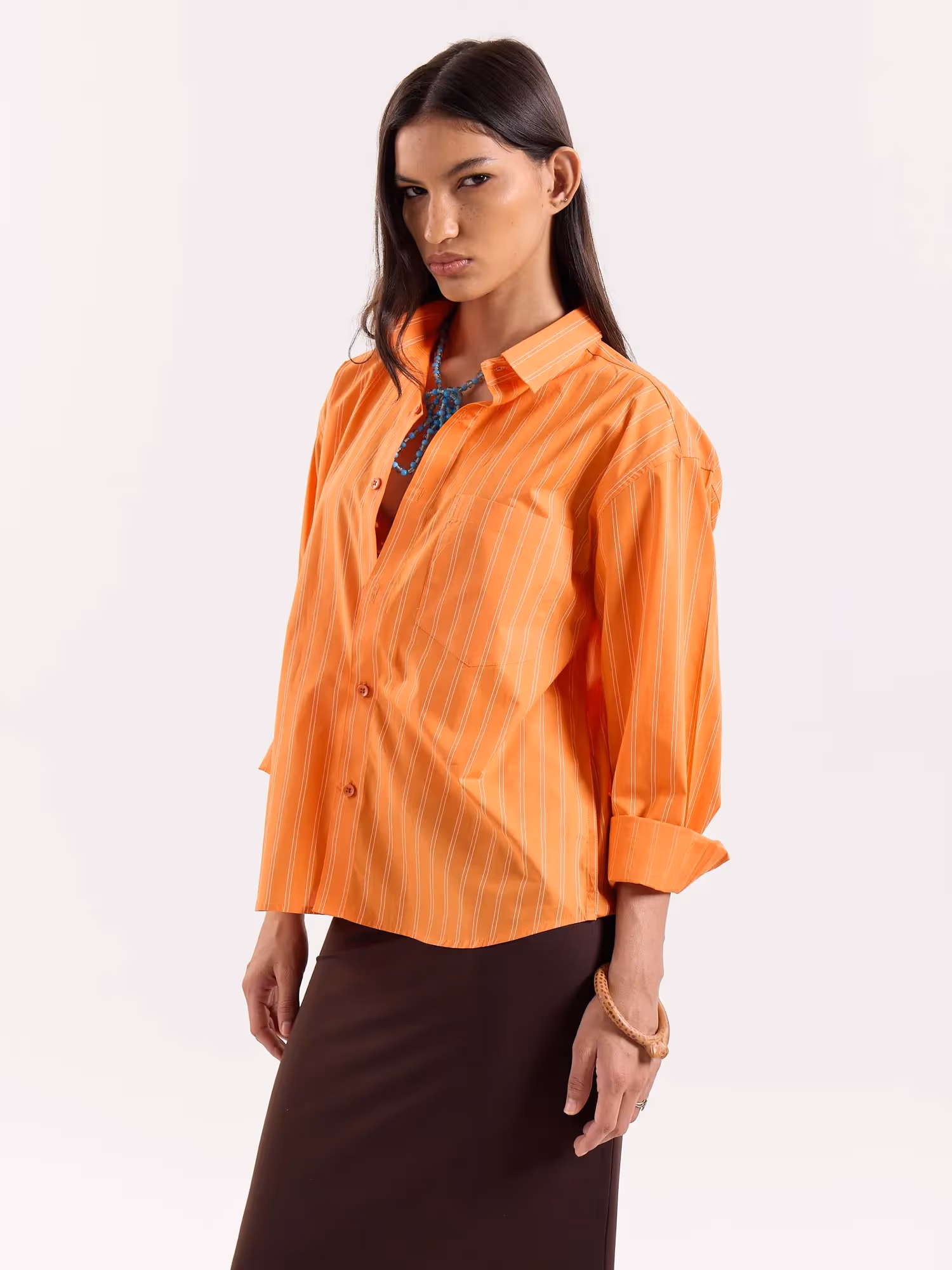 Orange Striped Poplin Cropped Shirt image 6