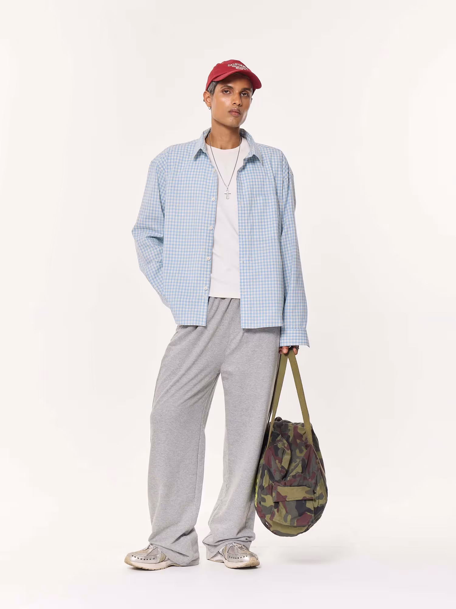 Pale Blue Poplin Checked Oversized Cropped Shirt image 1
