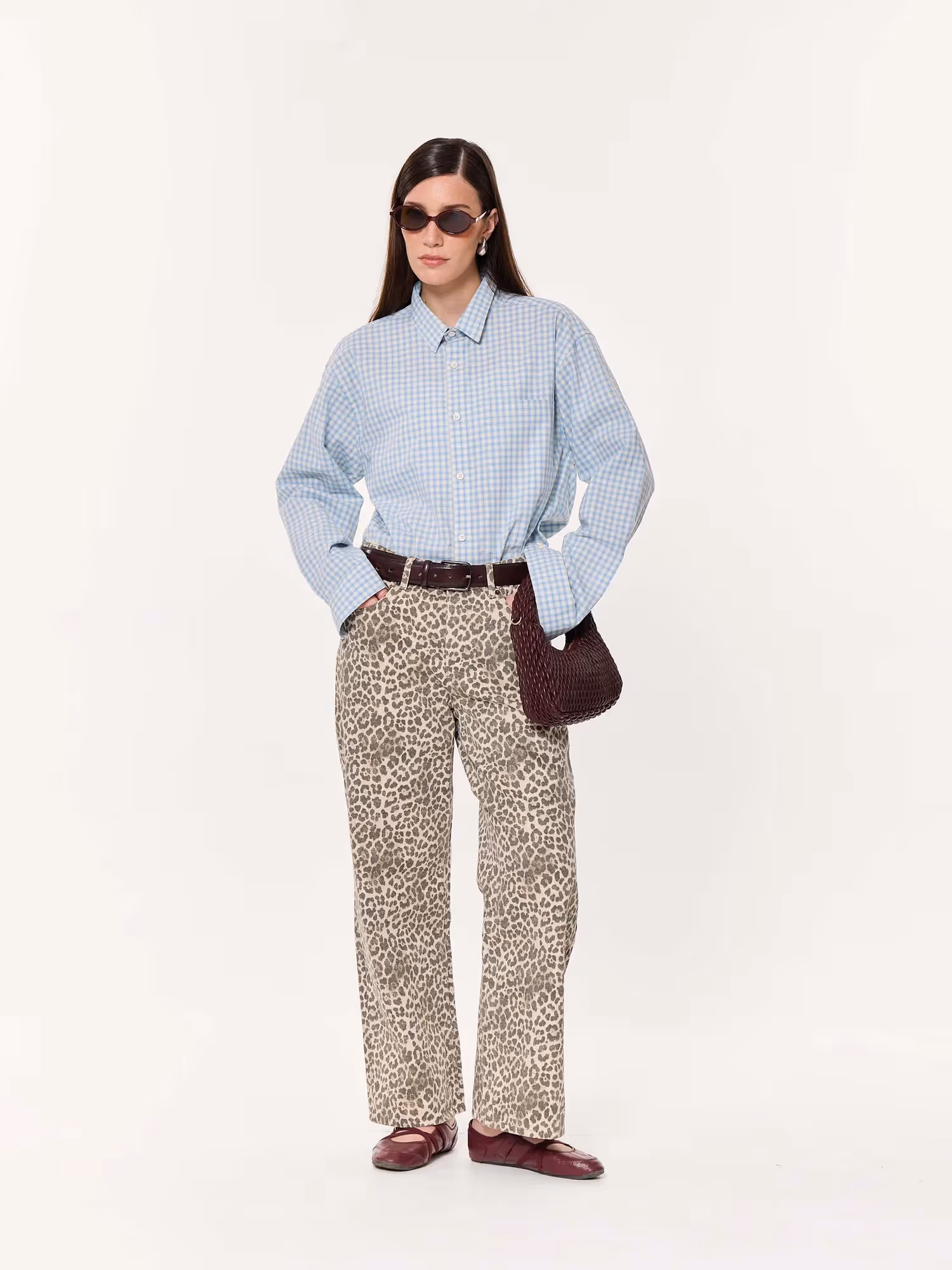 Pale Blue Poplin Checked Oversized Cropped Shirt  image 2