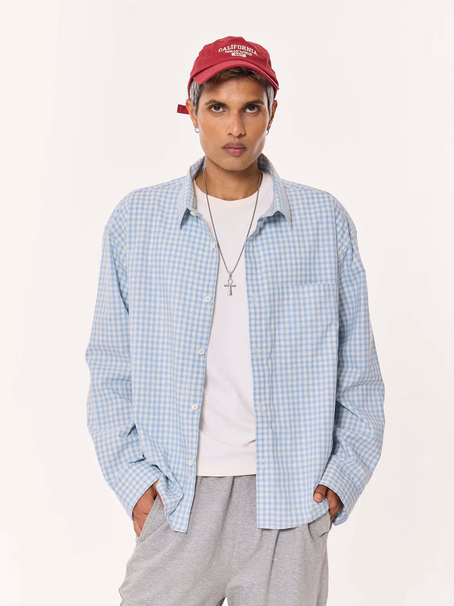 Pale Blue Poplin Checked Oversized Cropped Shirt  image 3