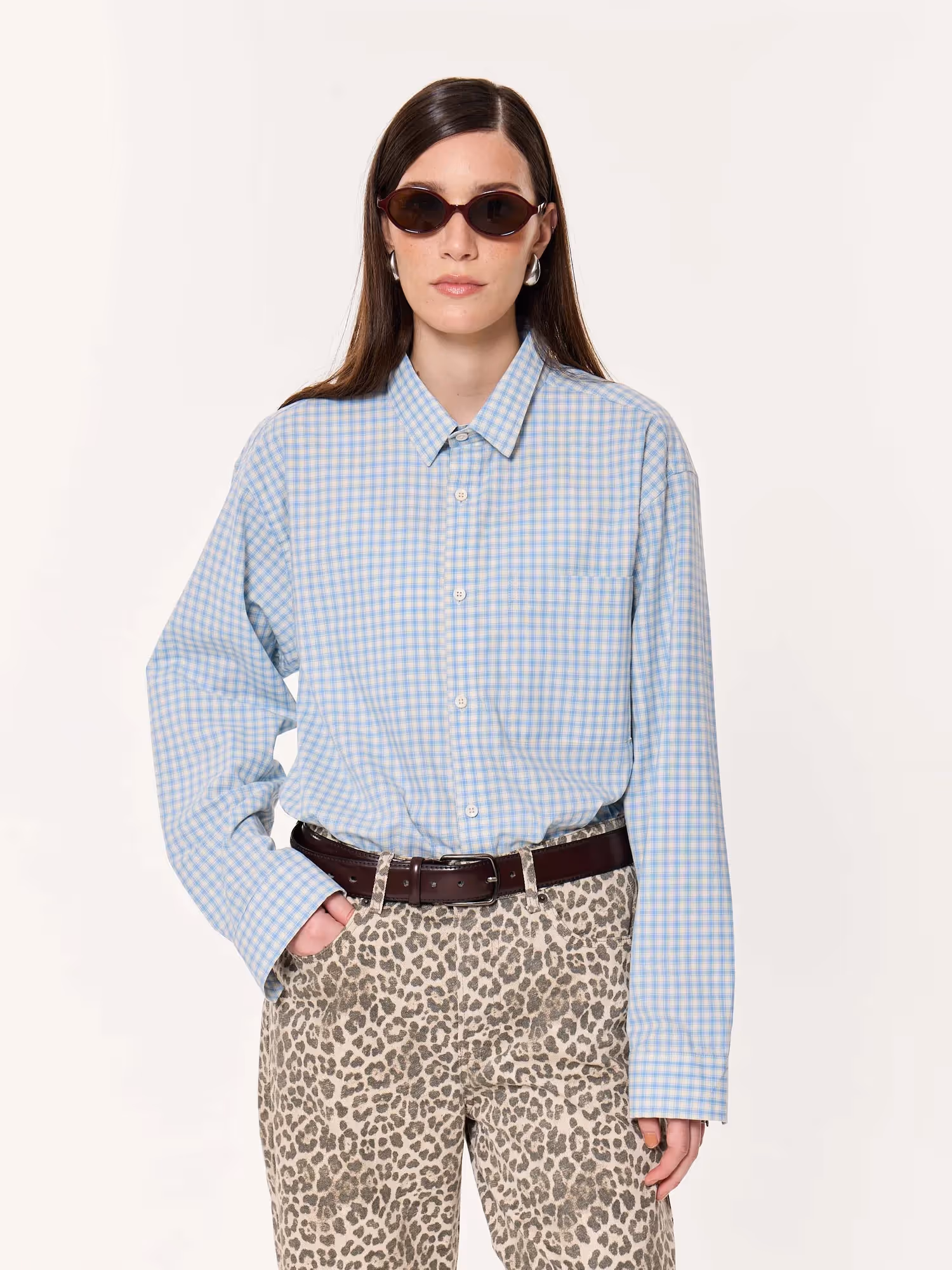 Pale Blue Poplin Checked Oversized Cropped Shirt  image 4
