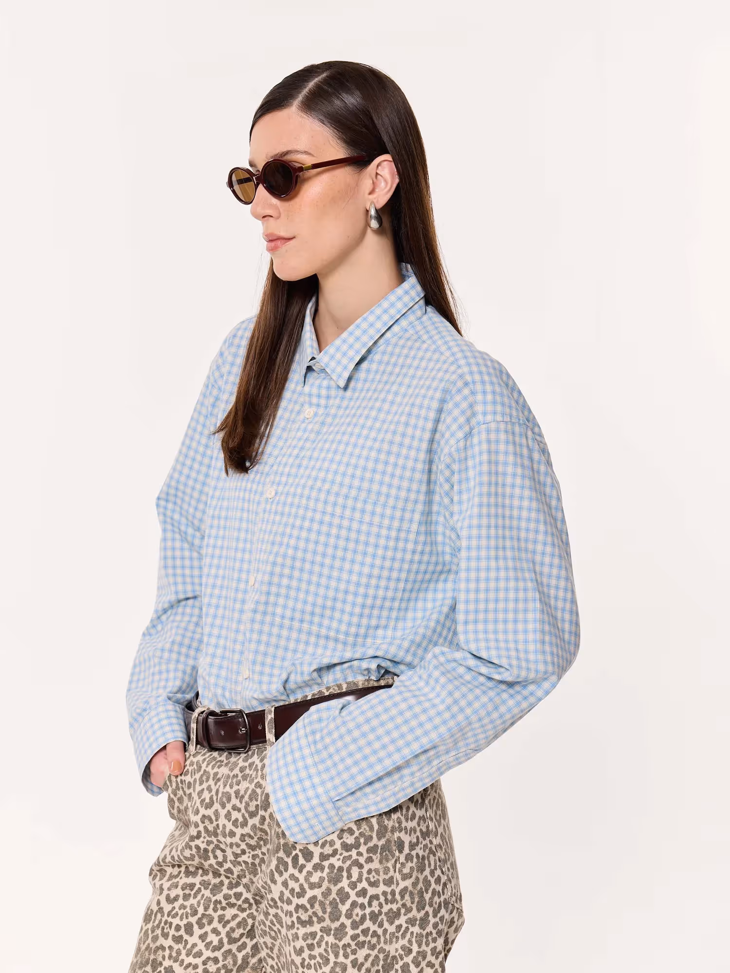 Pale Blue Poplin Checked Oversized Cropped Shirt  image 6