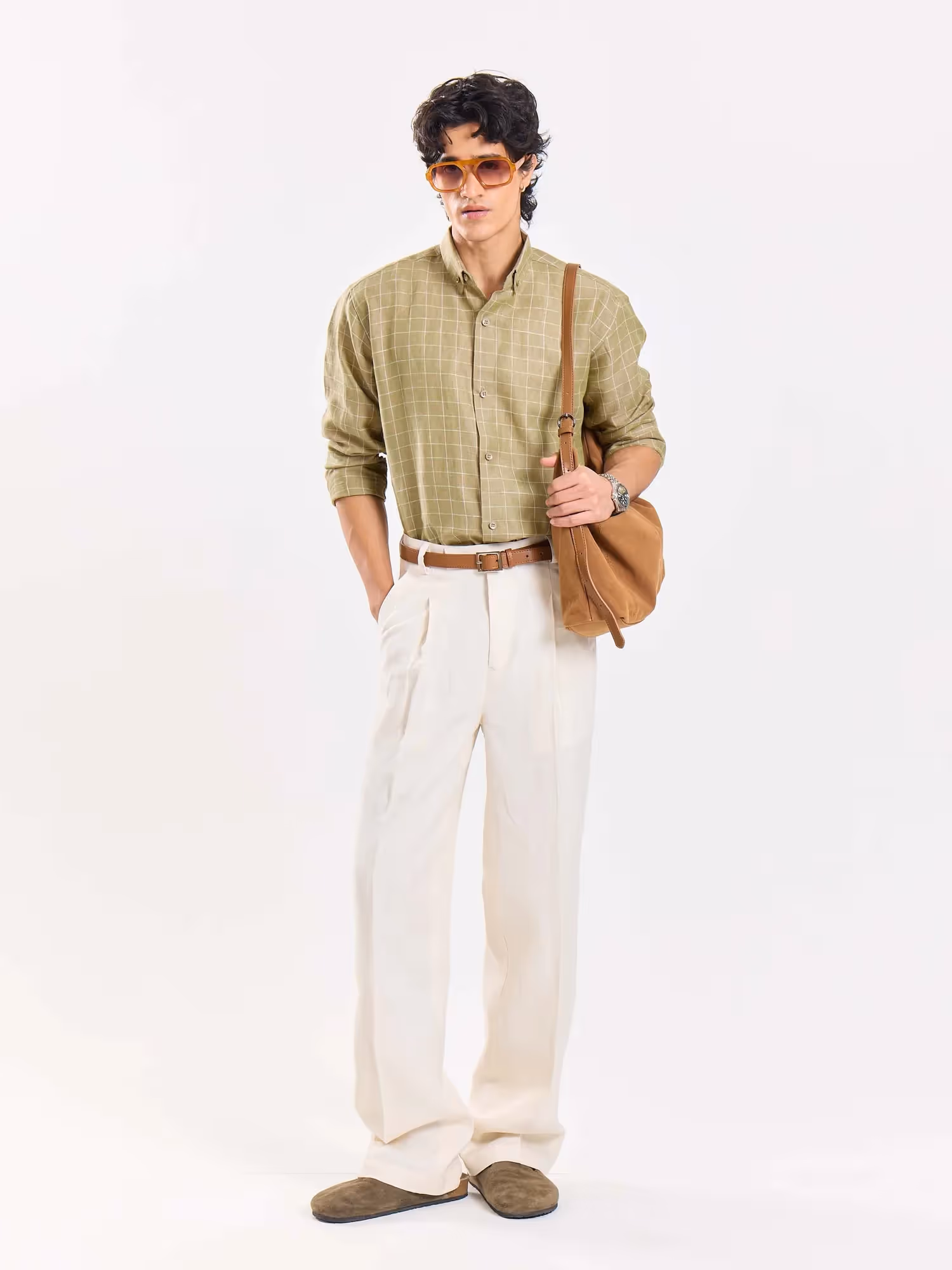 Pale Green Checked Irish Linen Shirt image 1