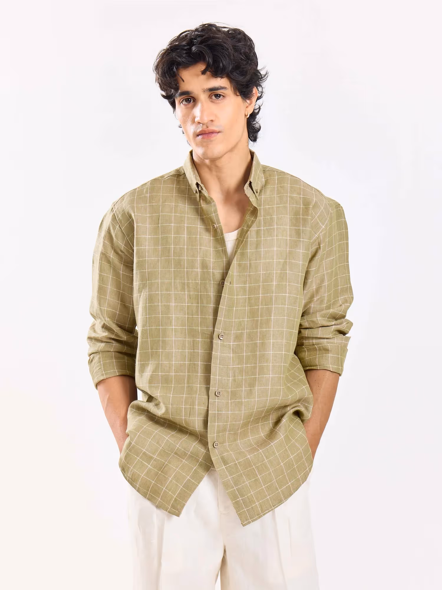 Pale Green Checked Irish Linen Shirt image 2