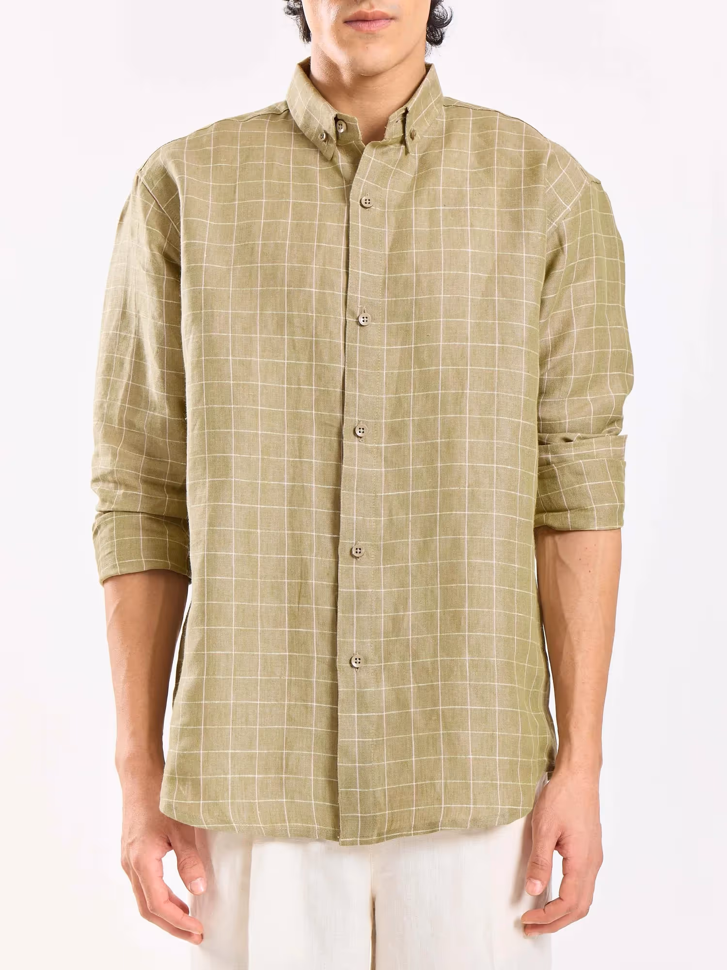 Pale Green Checked Irish Linen Shirt image 4
