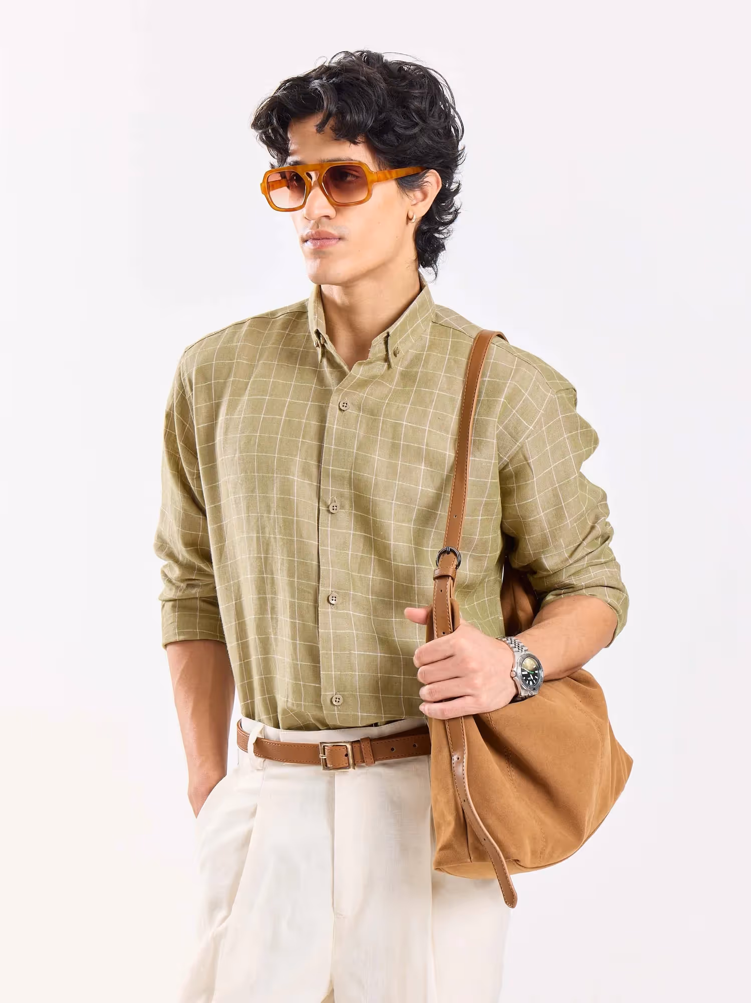 Pale Green Checked Irish Linen Shirt image 5