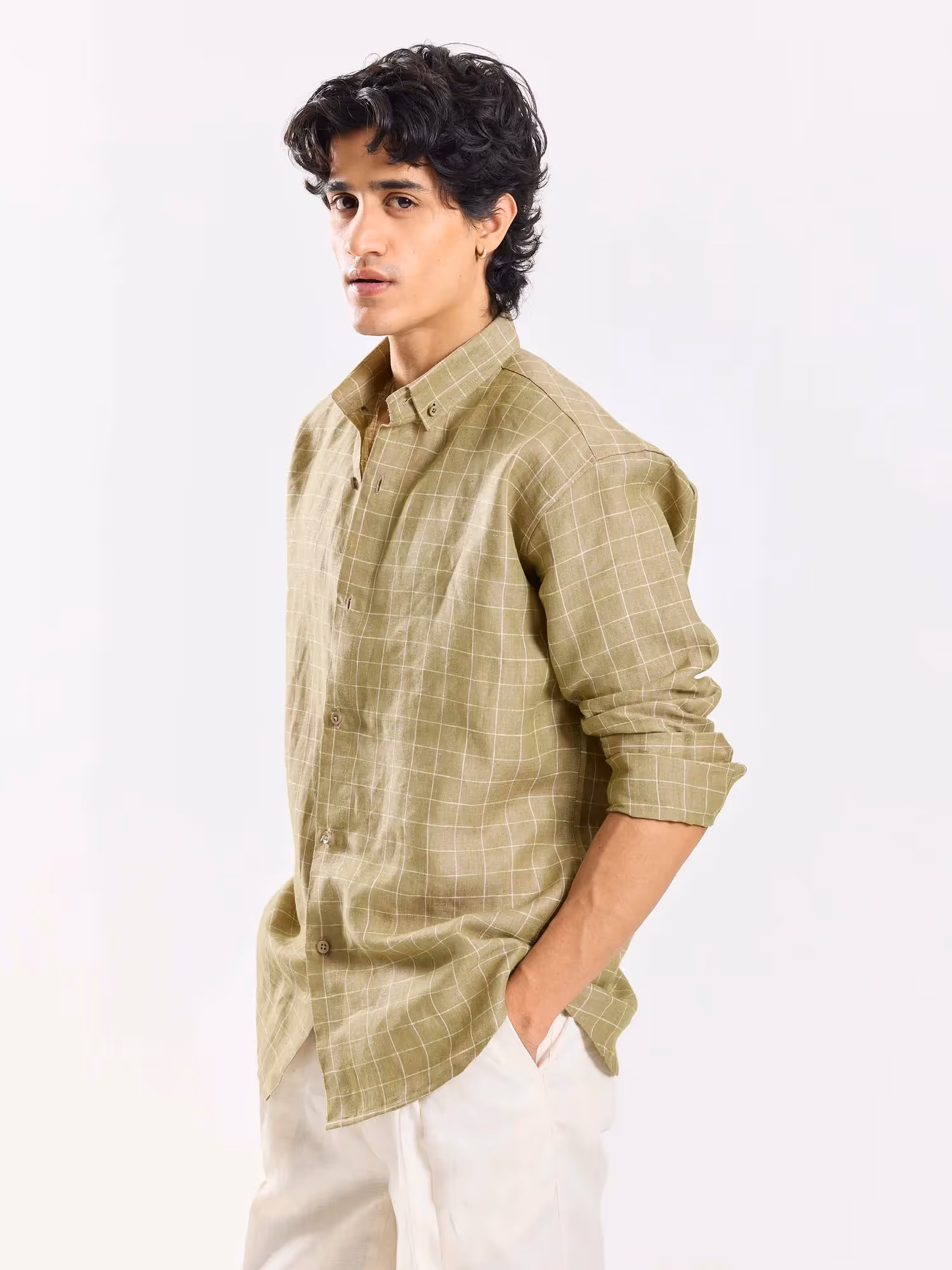 Pale Green Checked Irish Linen Shirt image 6