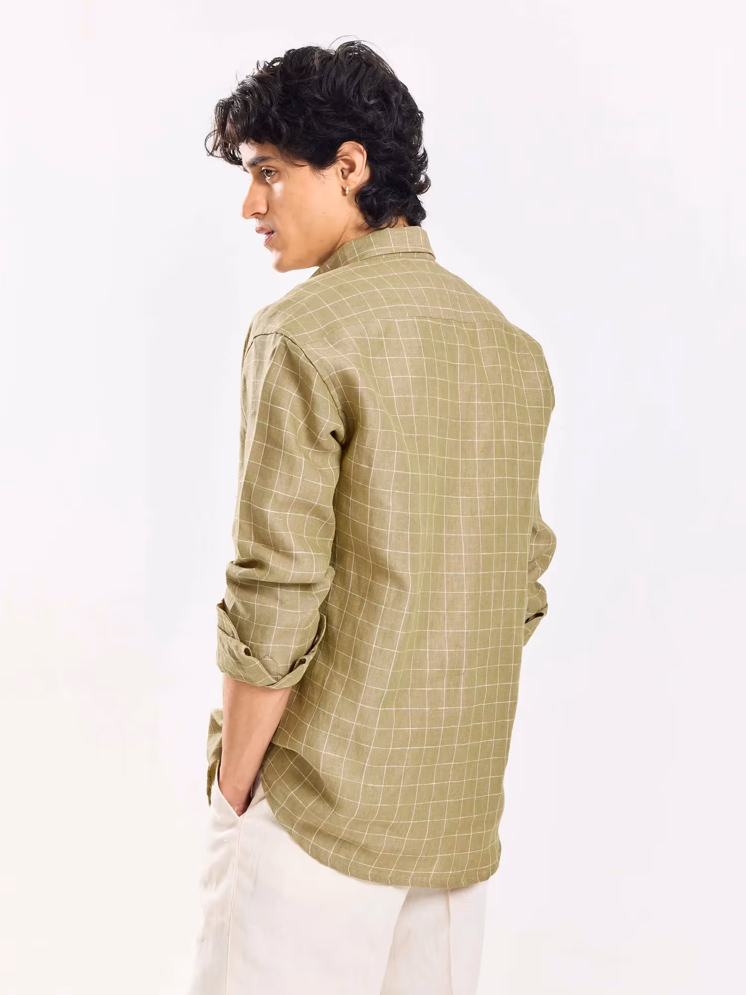 Pale Green Checked Irish Linen Shirt image 7