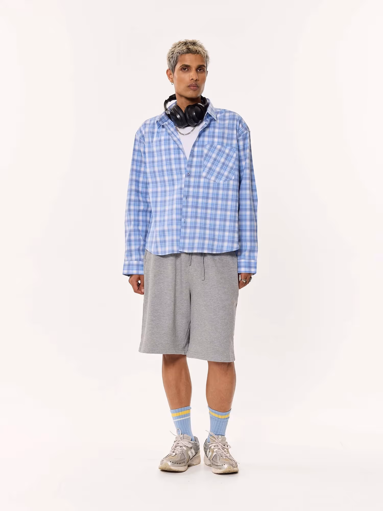Pastel Blue Checkered Oversized Cropped Shirt  image 1