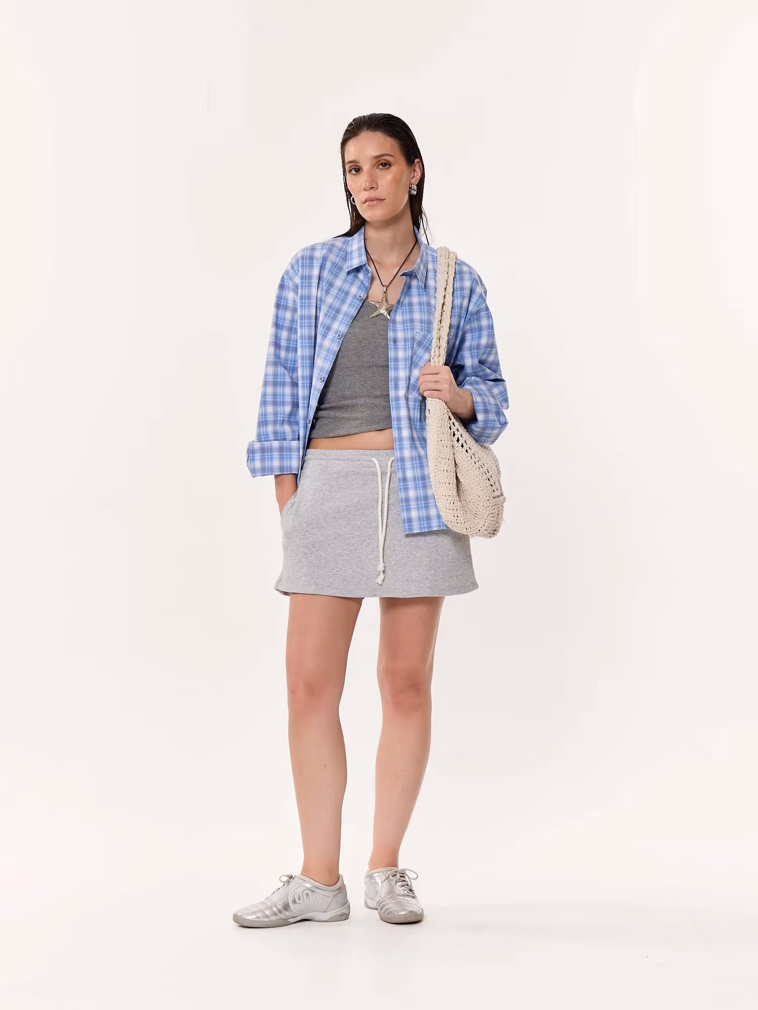 Pastel Blue Checkered Oversized Cropped Shirt  image 2