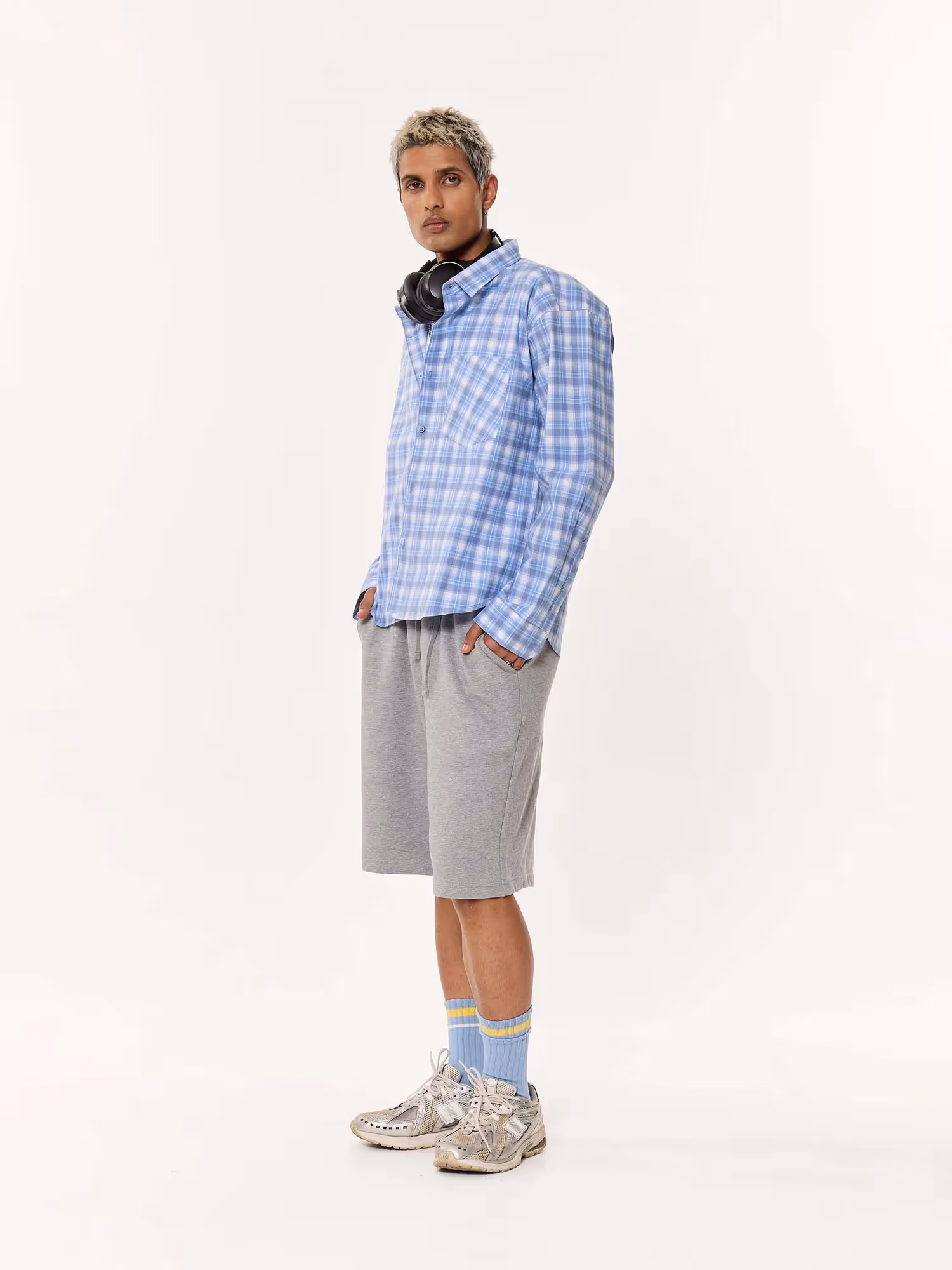 Pastel Blue Checkered Oversized Cropped Shirt  image 3