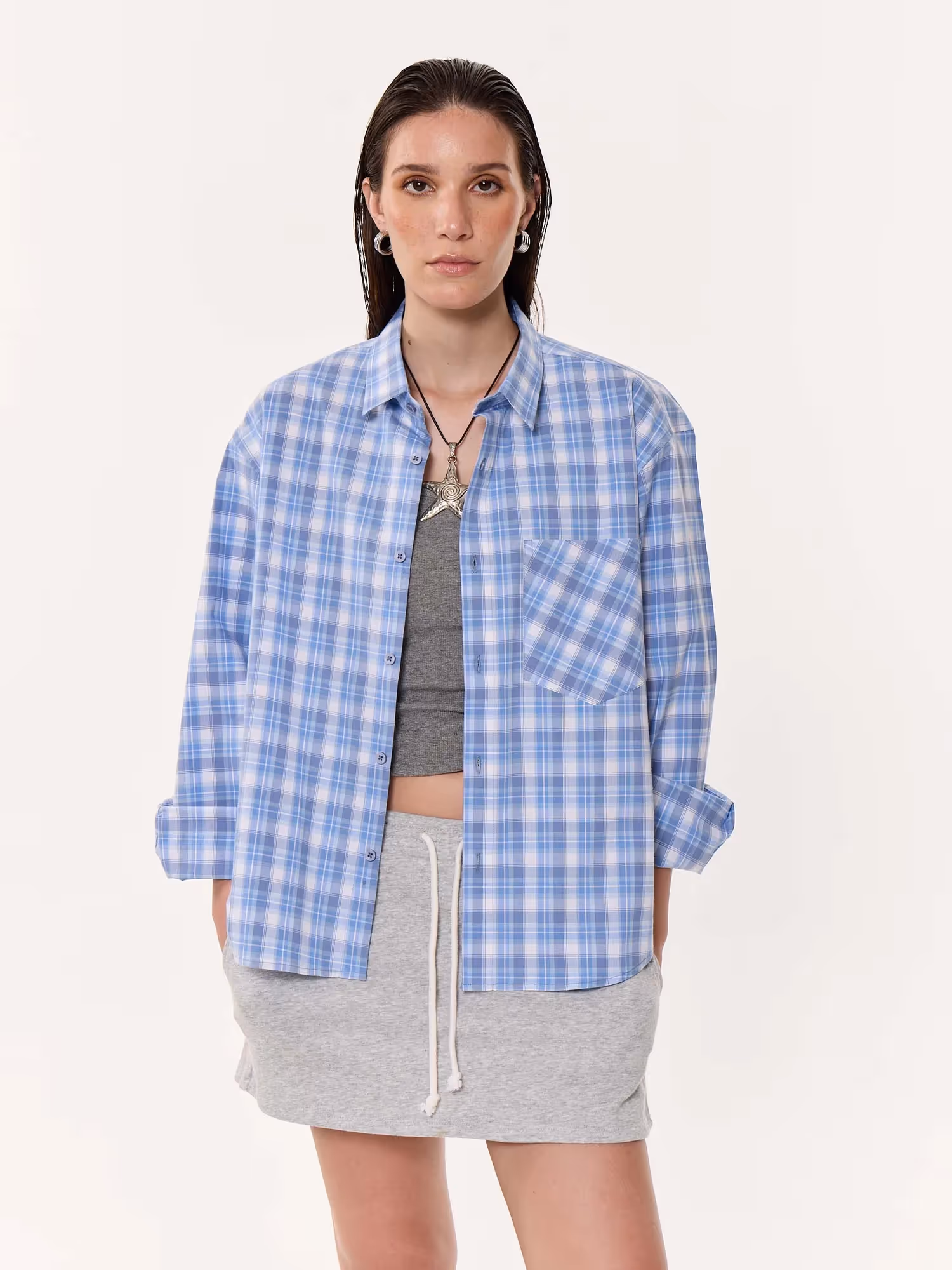 Pastel Blue Checkered Oversized Cropped Shirt  image 4
