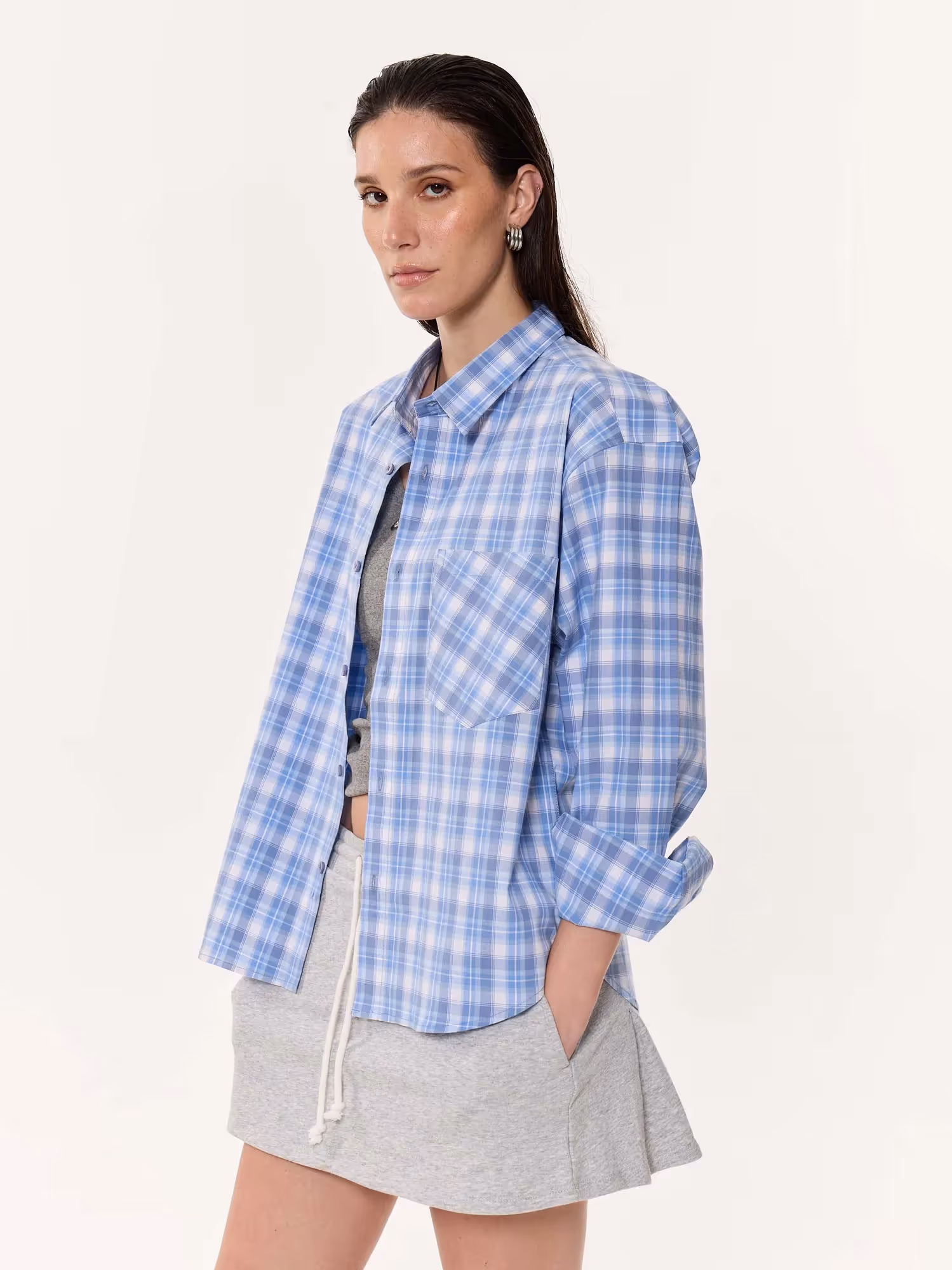 Pastel Blue Checkered Oversized Cropped Shirt  image 6