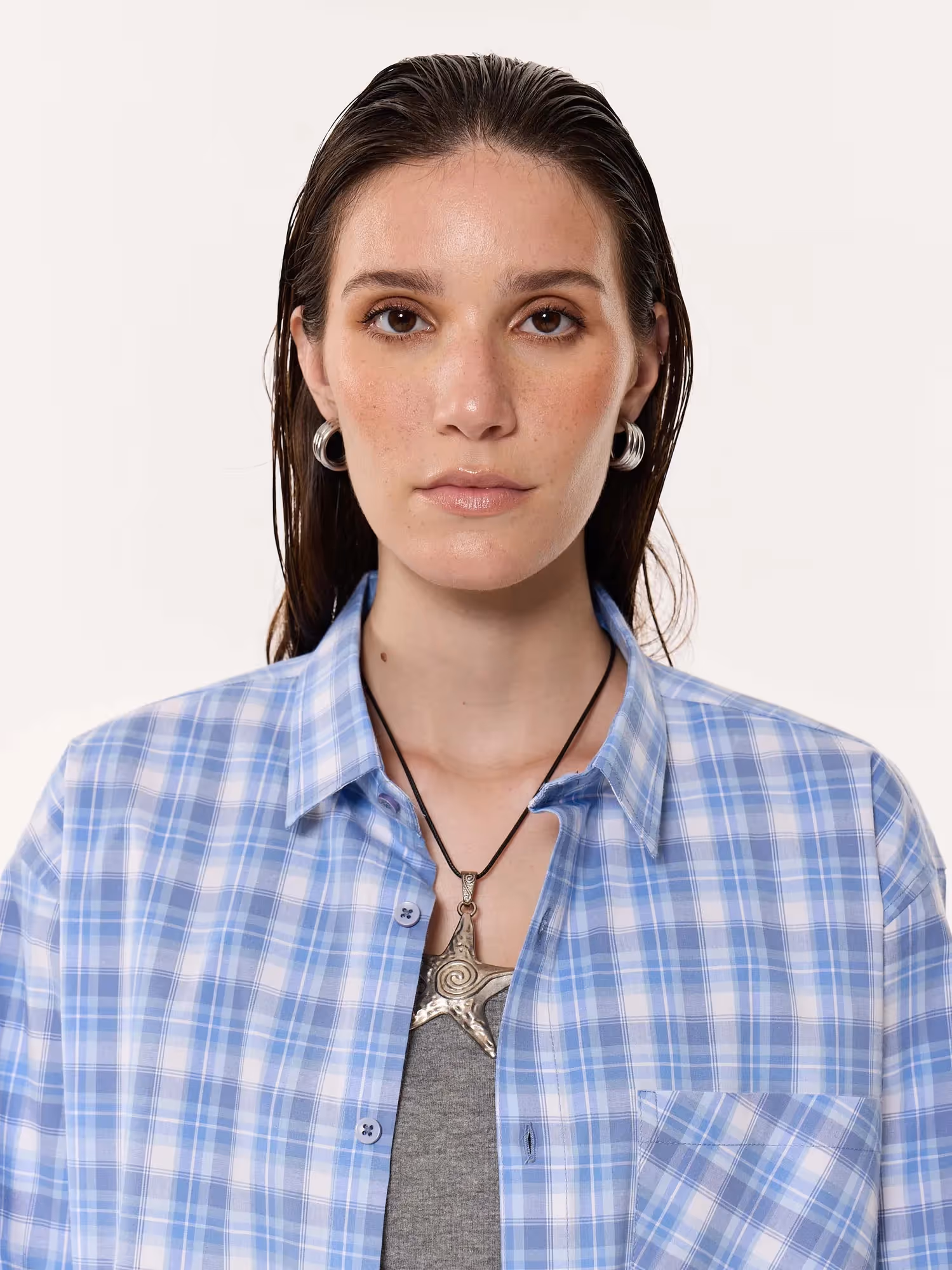 Pastel Blue Checkered Oversized Cropped Shirt  image 8