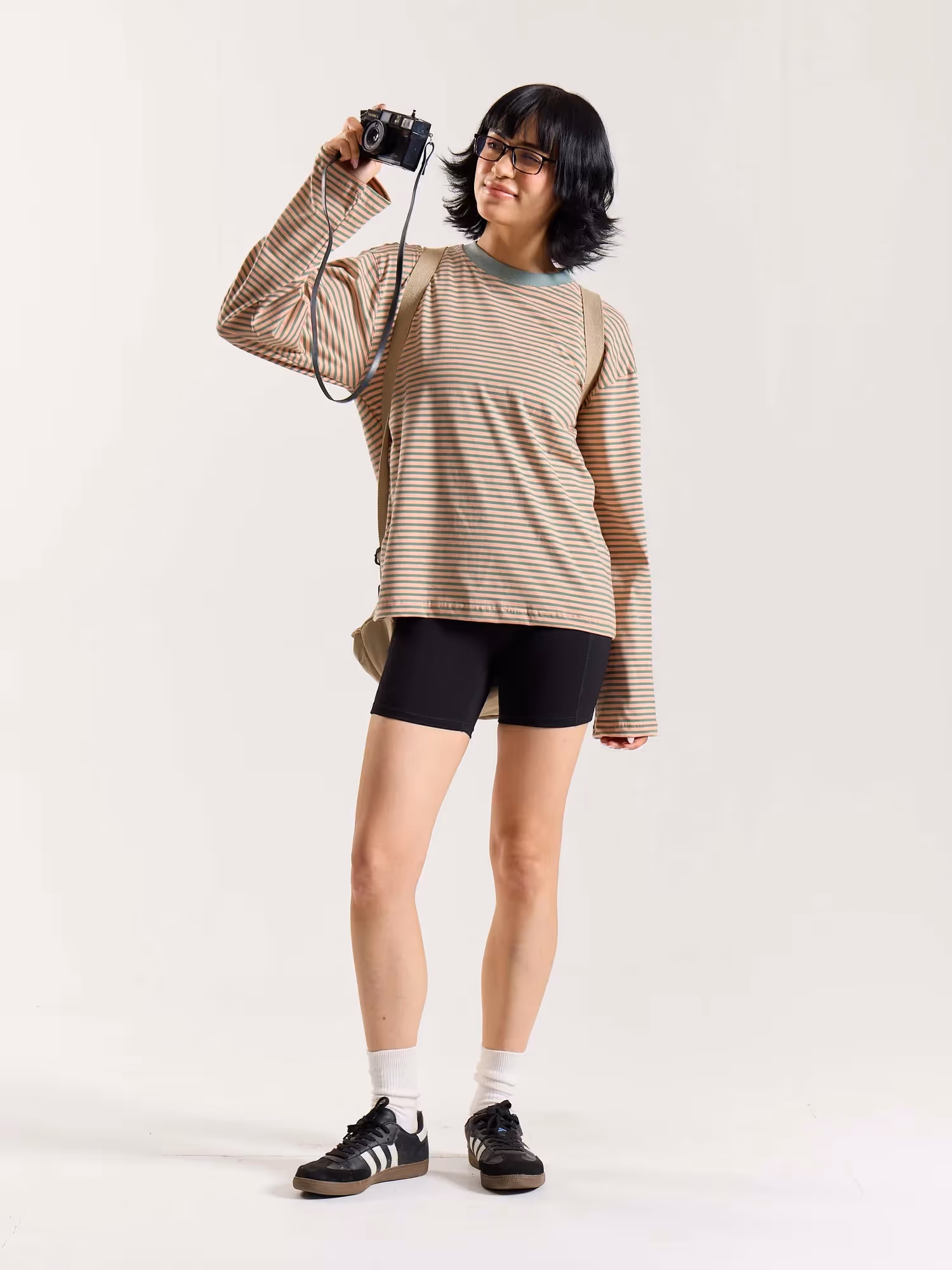 Peach & Sage Striped Loose Fit Cropped T-Shirt image 2