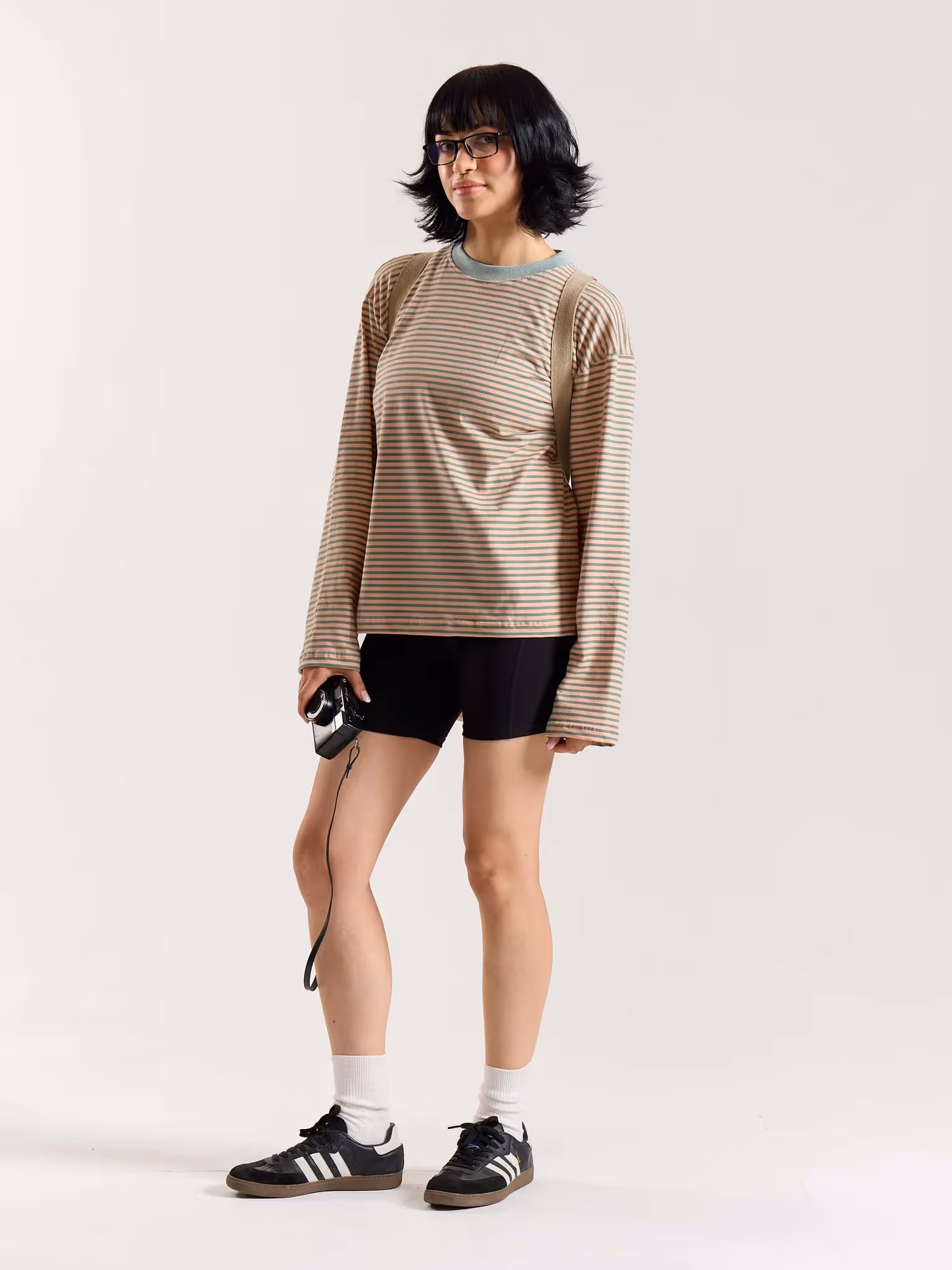 Peach & Sage Striped Loose Fit Cropped T-Shirt image 3