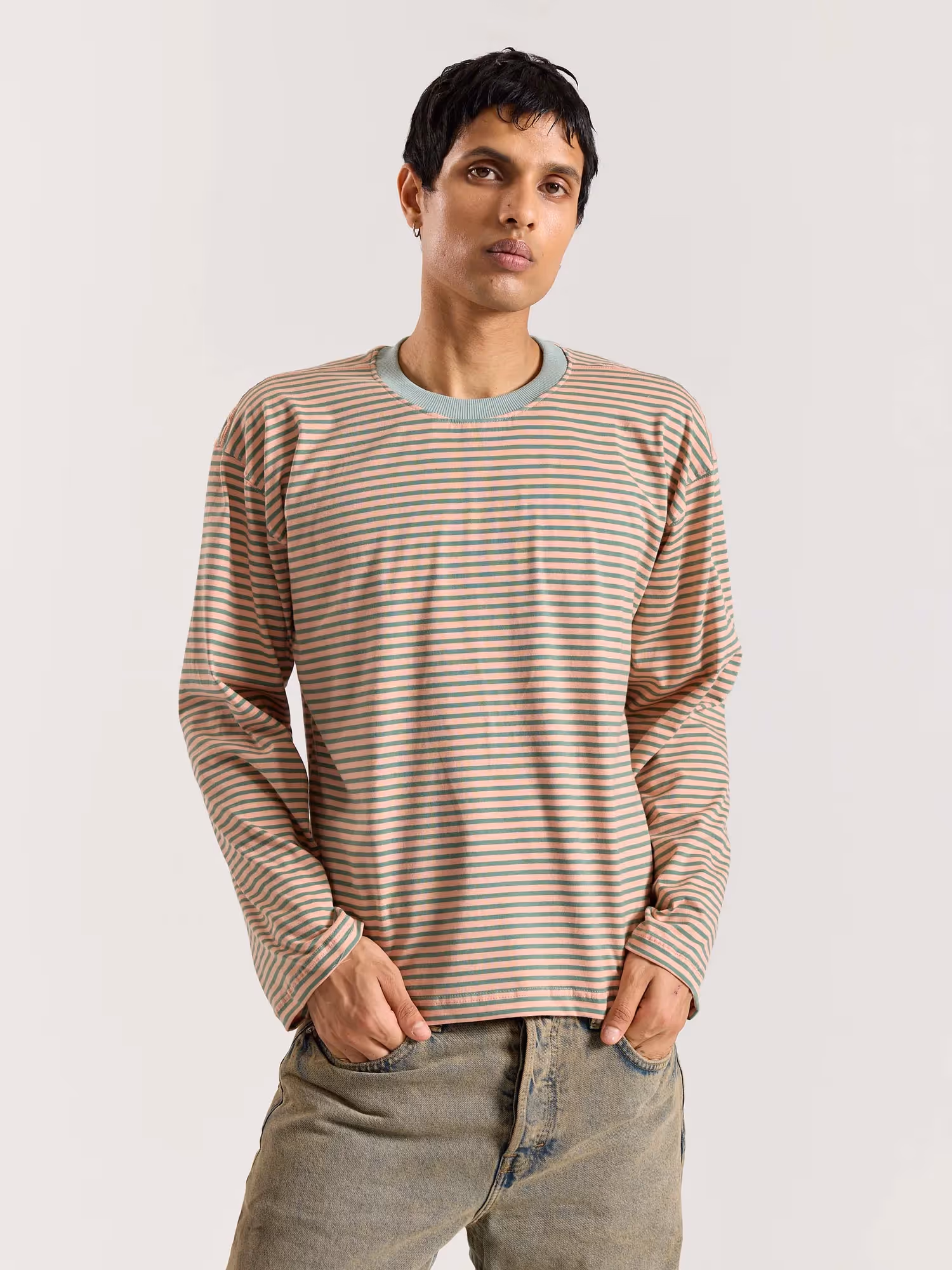 Peach & Sage Striped Loose Fit Cropped T-Shirt image 4