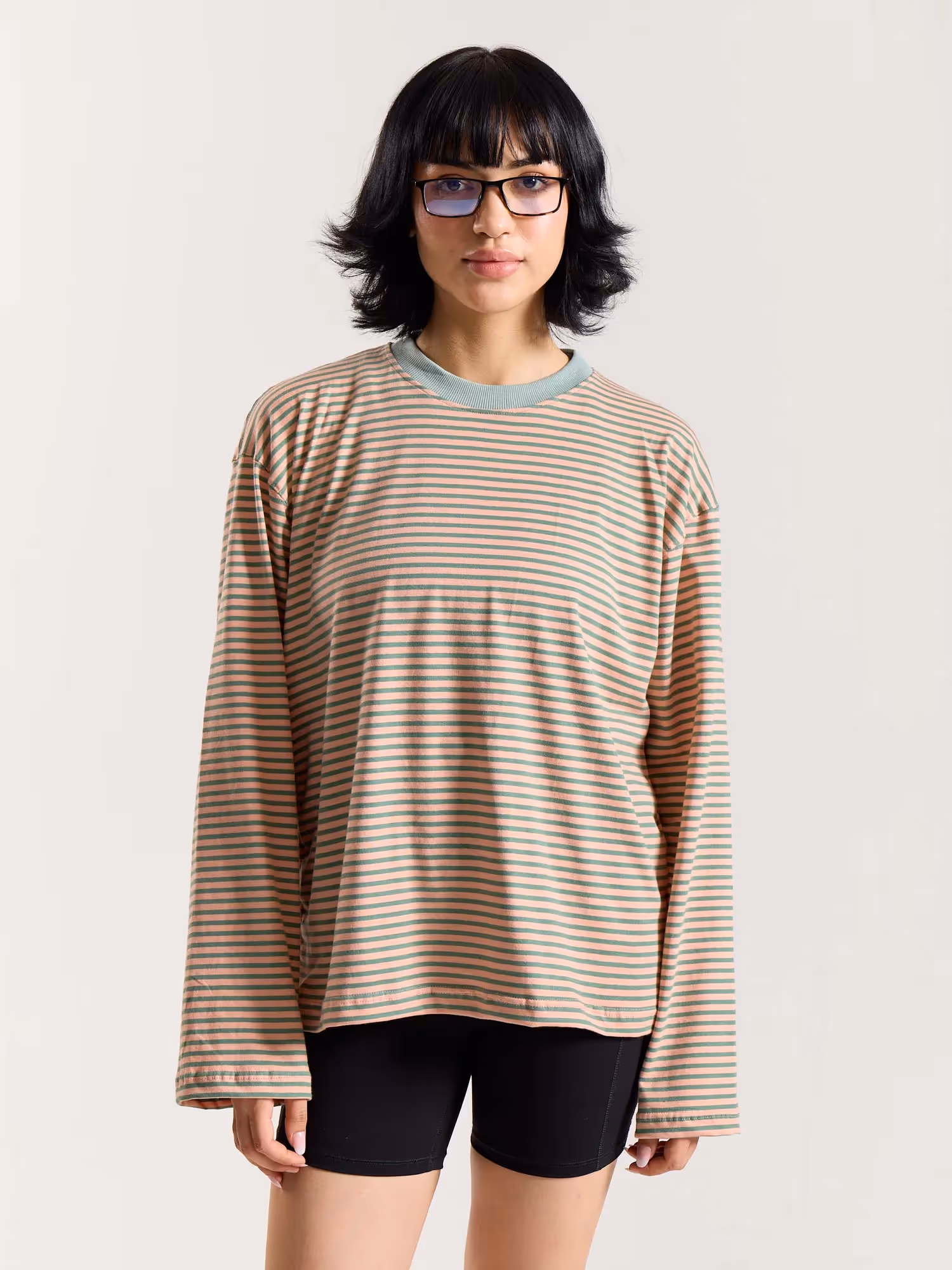 Peach & Sage Striped Loose Fit Cropped T-Shirt image 5