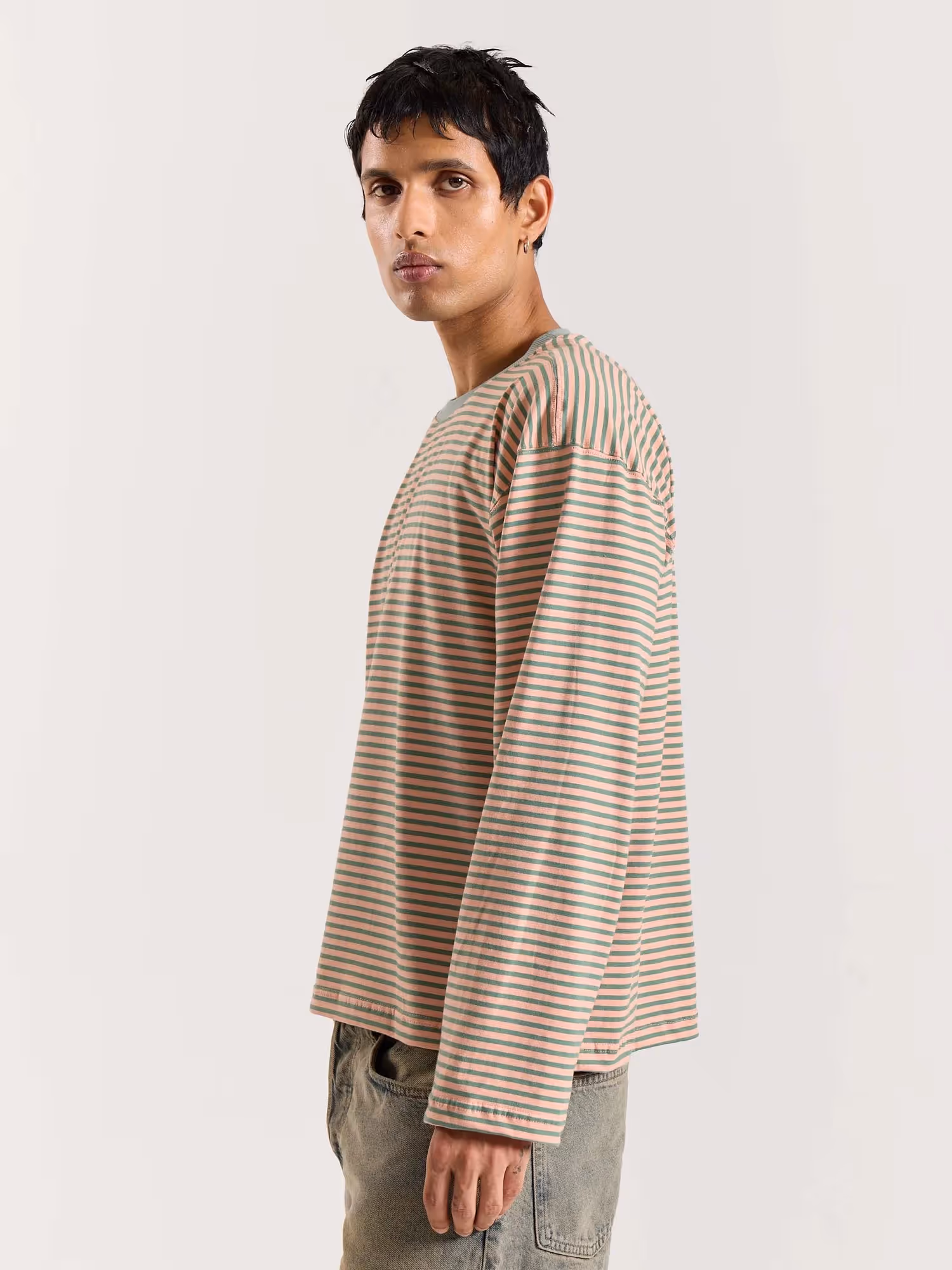 Peach & Sage Striped Loose Fit Cropped T-Shirt image 6